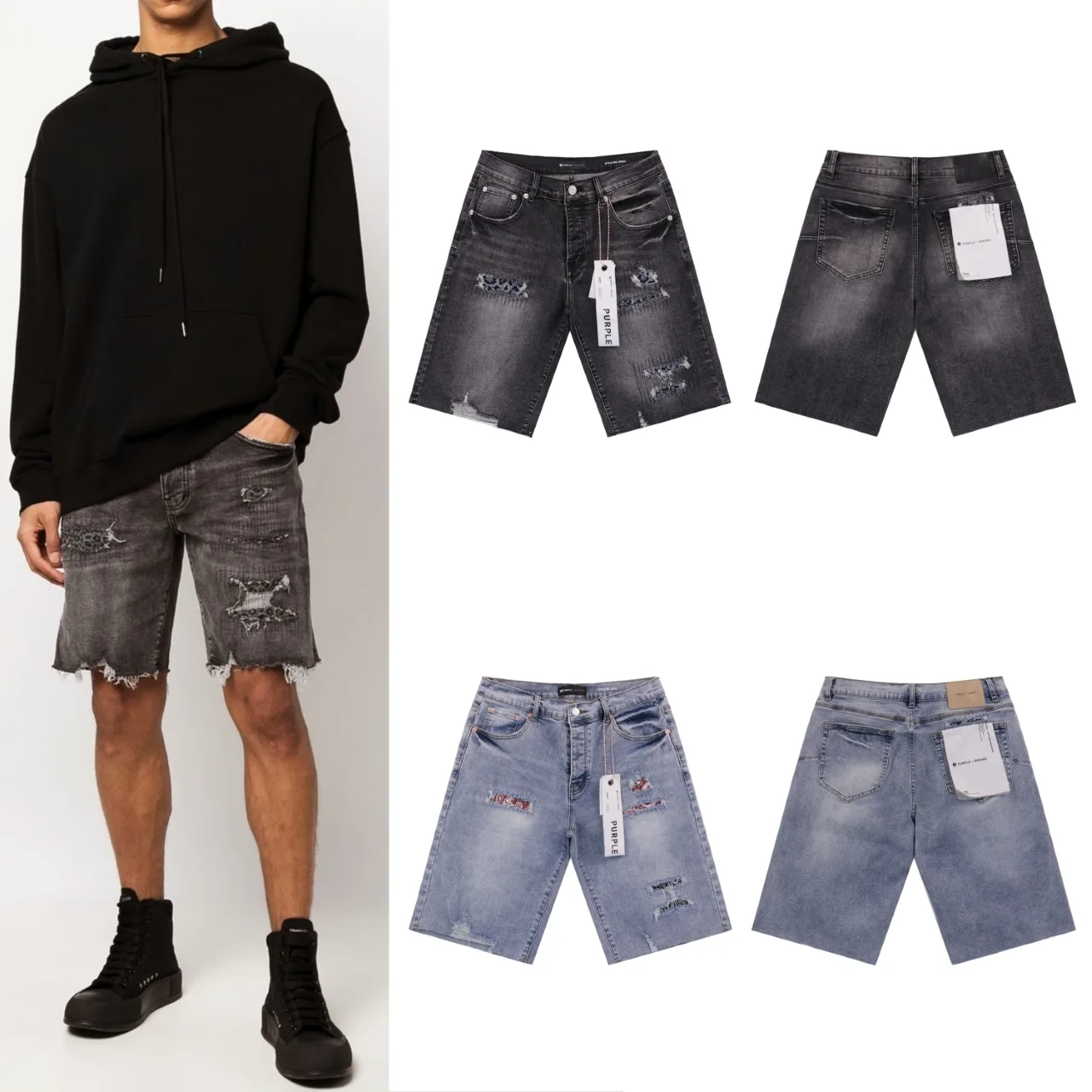 Distressed Patchwork Denim Shorts D11812270