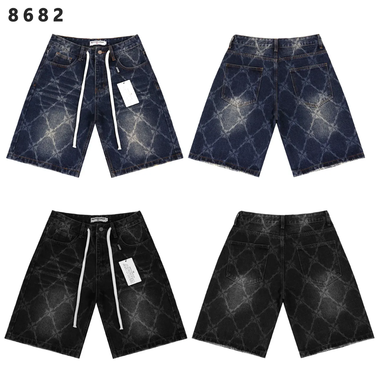 Laser-Etched Diamond Pattern Denim Shorts D10812204