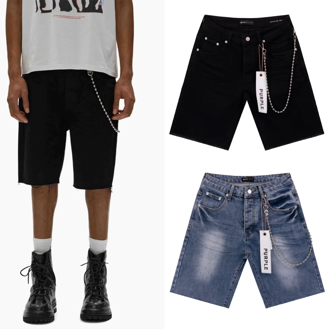 Washed Denim Shorts with Wallet Chain D10512271