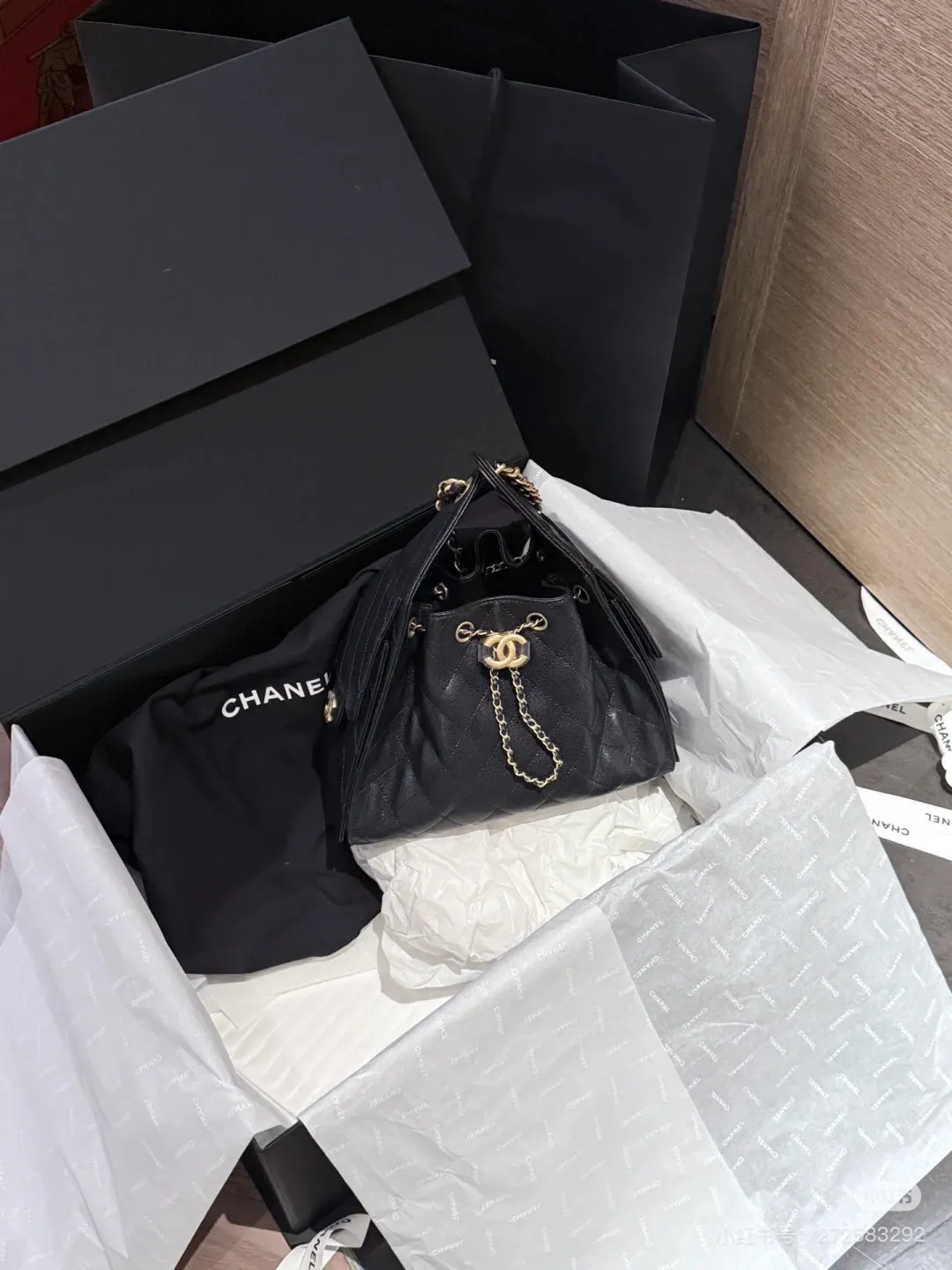 Chanel Caviar Leather Drawstring Bucket Bag D38018286 — view 3