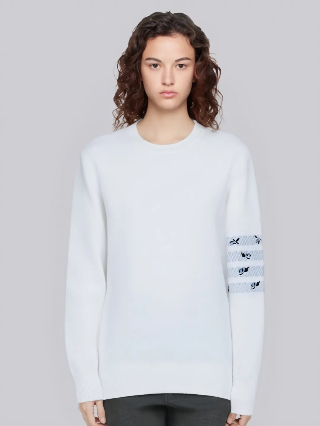 Rose Embroidery 4-Bar Stripe Crew-Neck Sweater D24013099 — view 7