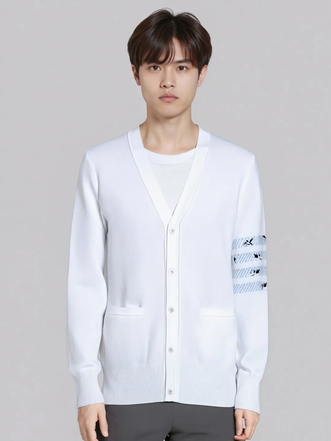 Rose Embroidery 4-Bar Stripe Knit Cardigan D25013091