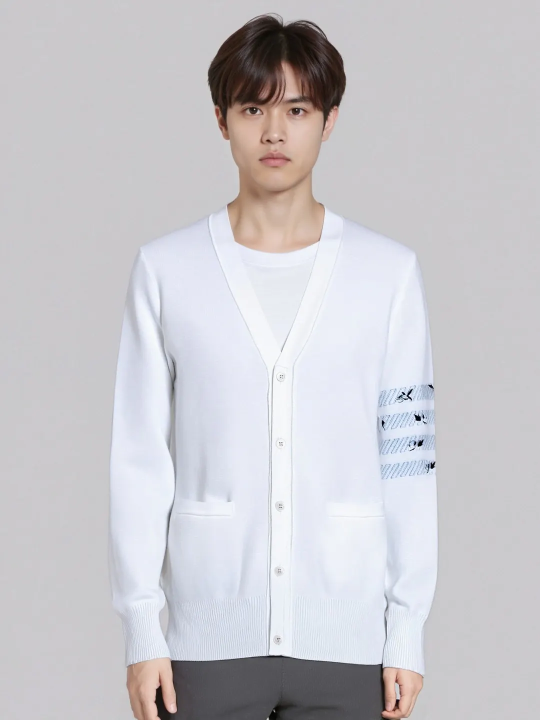 Rose Embroidery 4-Bar Stripe Knit Cardigan D25013091