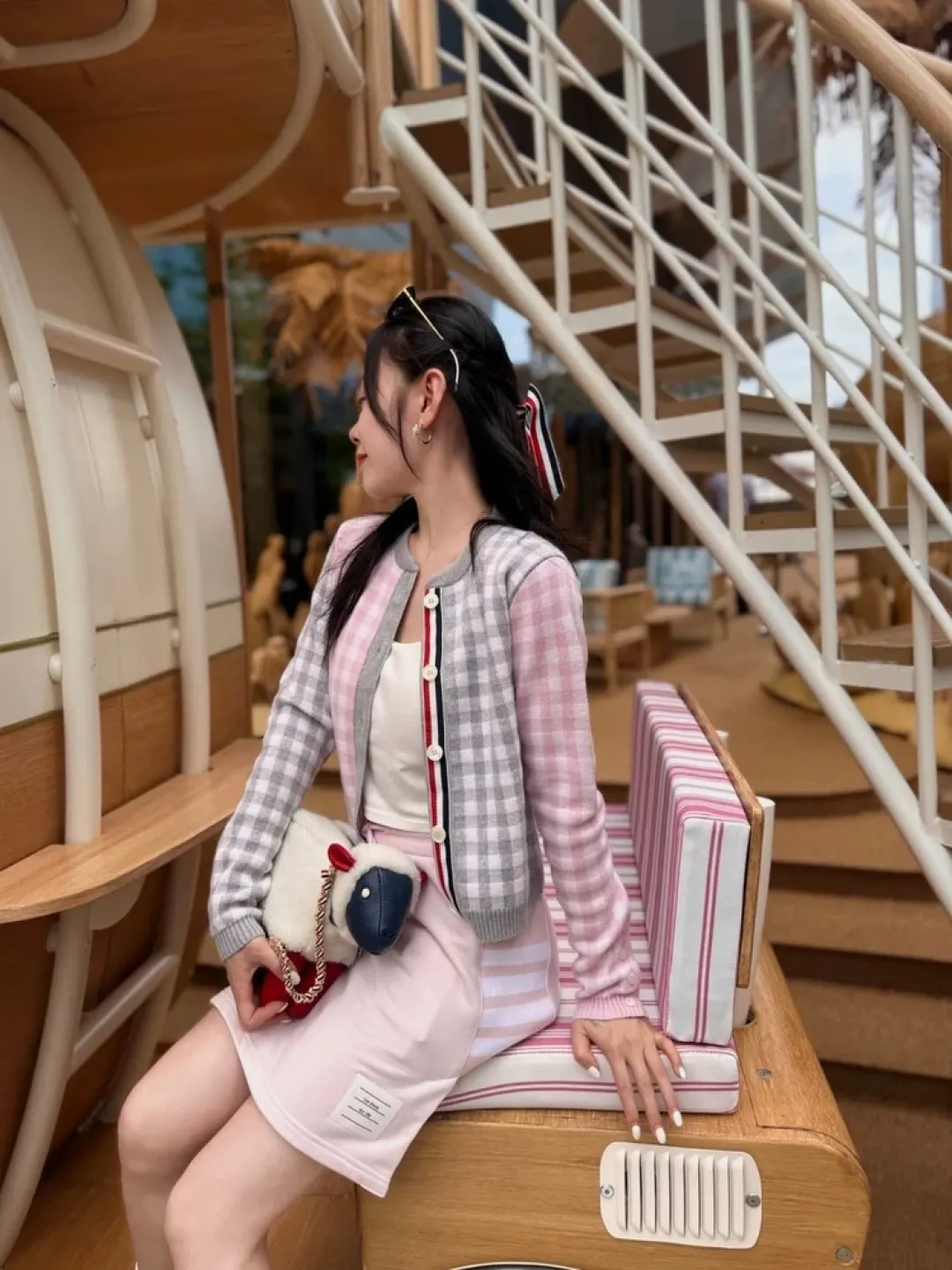 Gingham Merino Wool-Blend Cardigan D24513059 — view 5