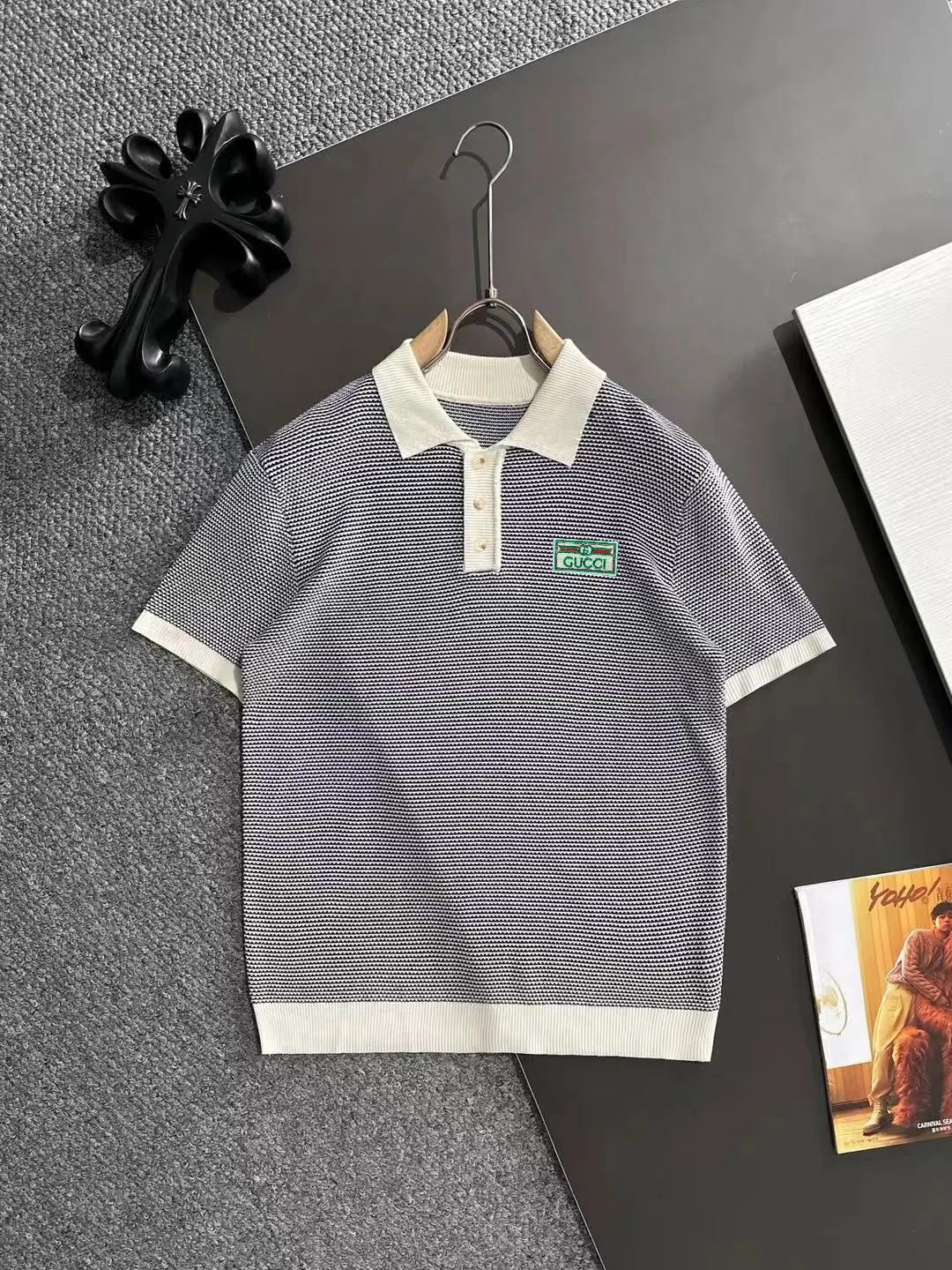 Textured Striped Knit Polo Shirt D20015253