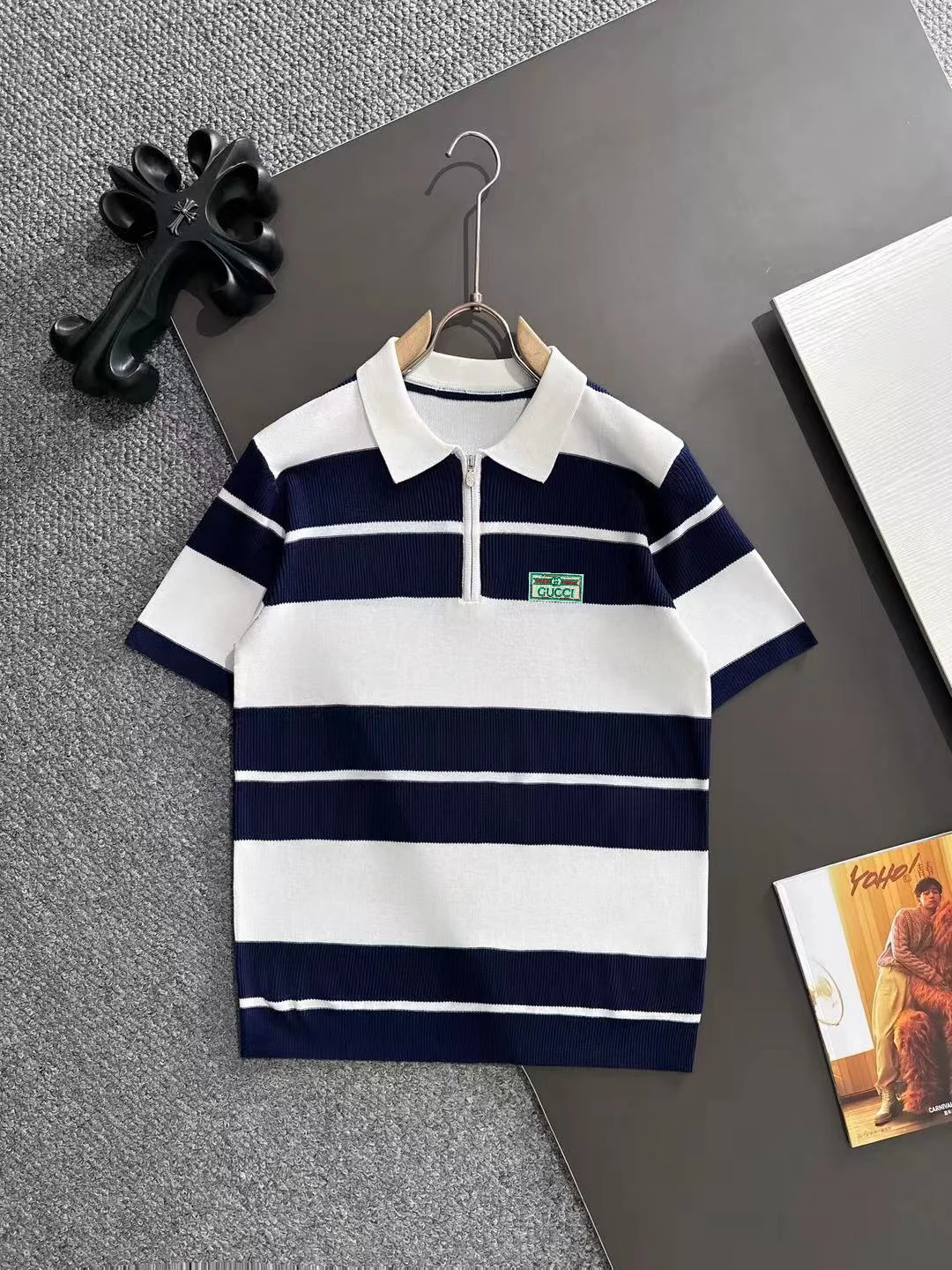 Striped Knit Half-Zip Polo Shirt D20015331