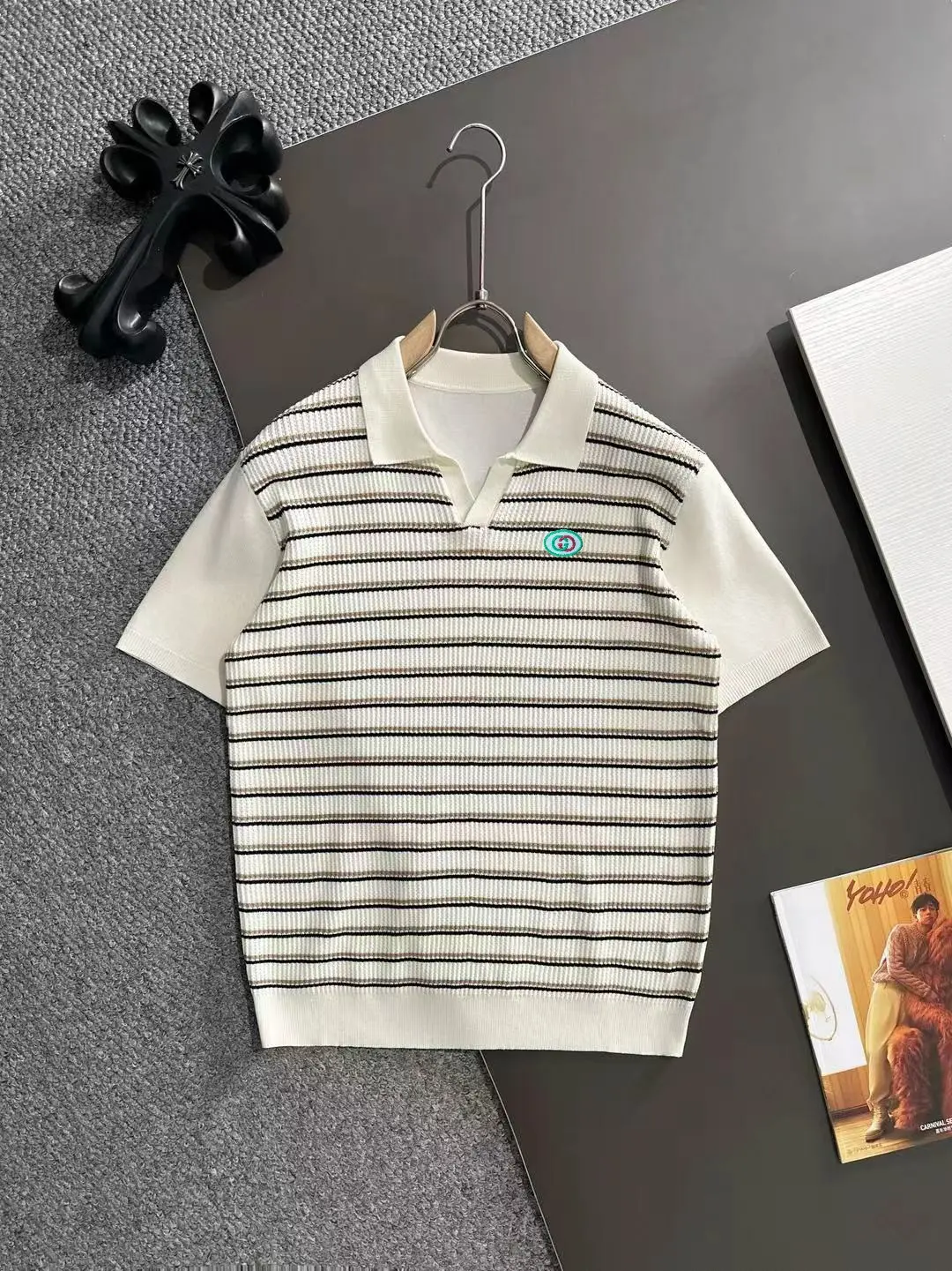 Striped Knit V-Neck Polo Shirt D20015262
