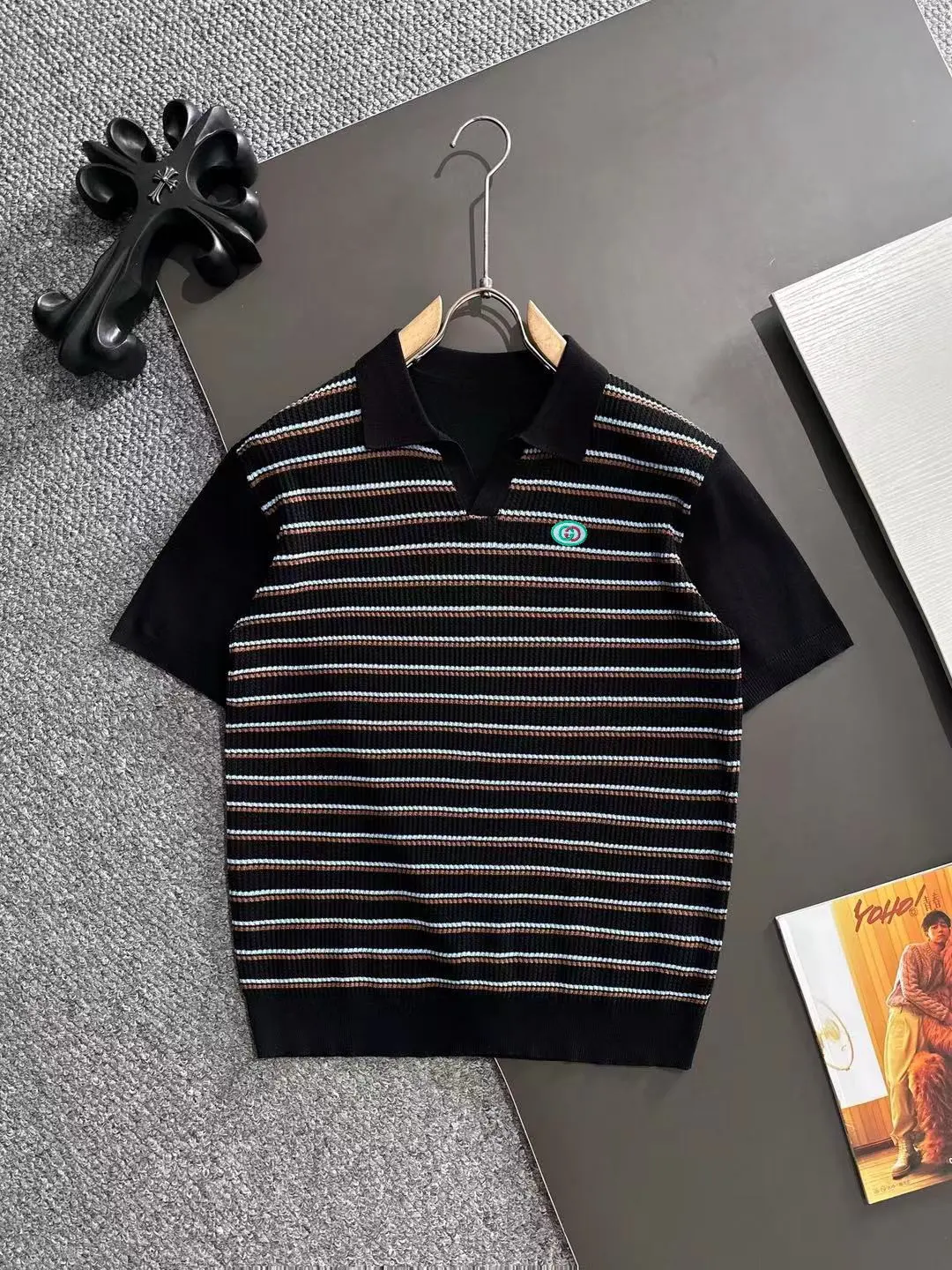 Striped Knit V-Neck Polo Shirt D20015263