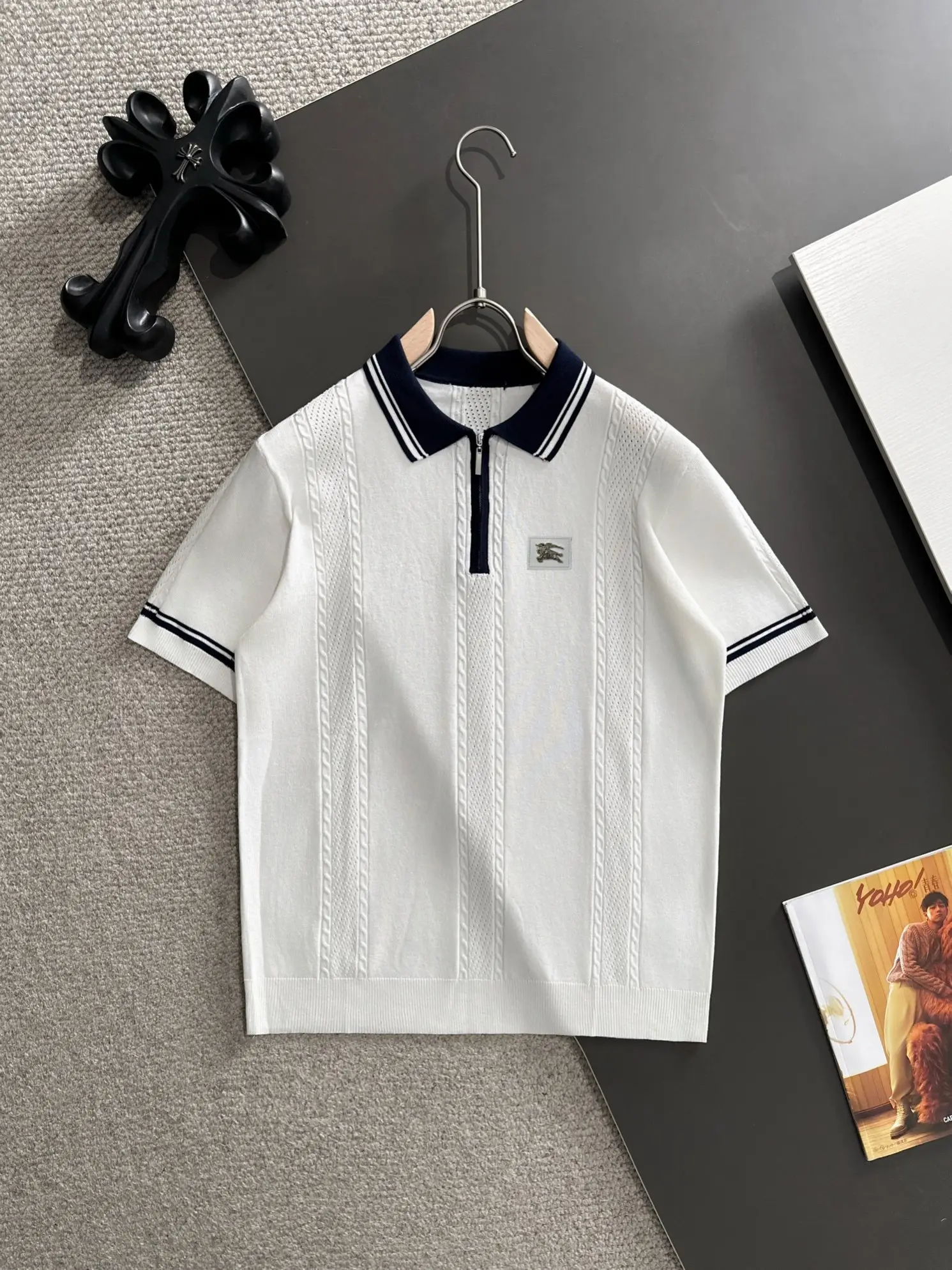 Contrast-Tip Half-Zip Knit Polo Shirt D20015219