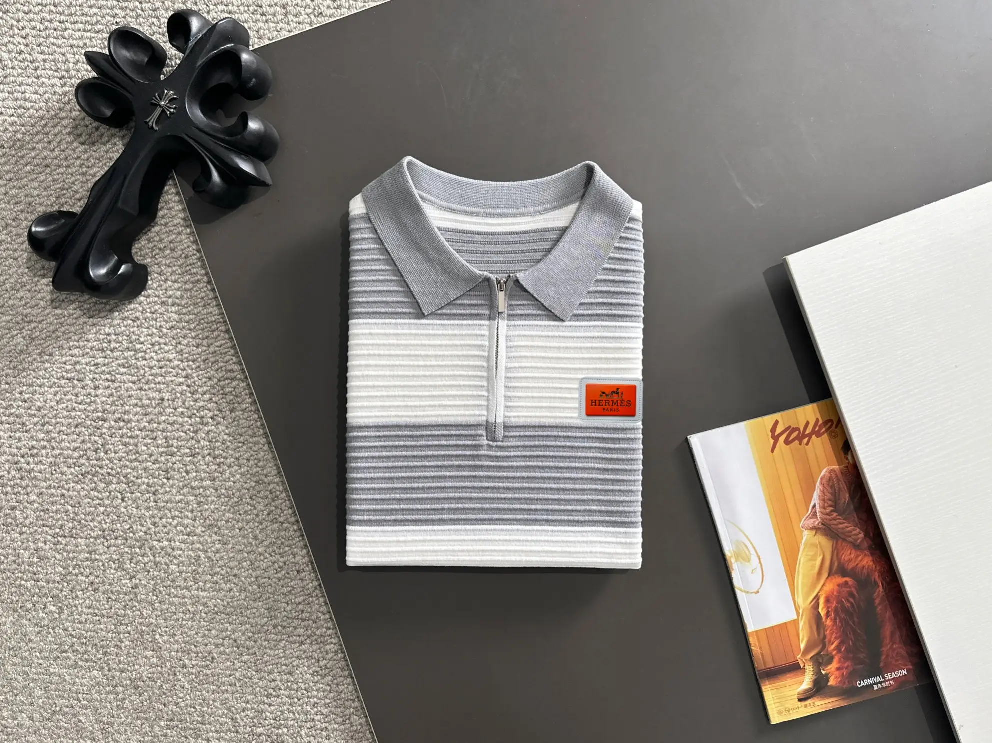 Striped Knit Half-Zip Polo Shirt D20015217 — view 8
