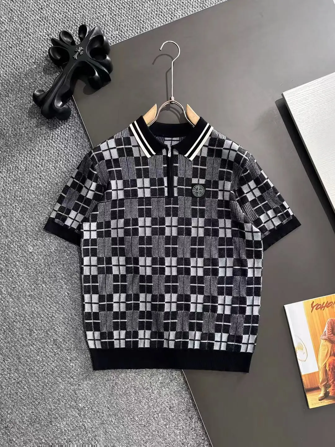 Checkered Knit Half-Zip Polo Shirt D20015191