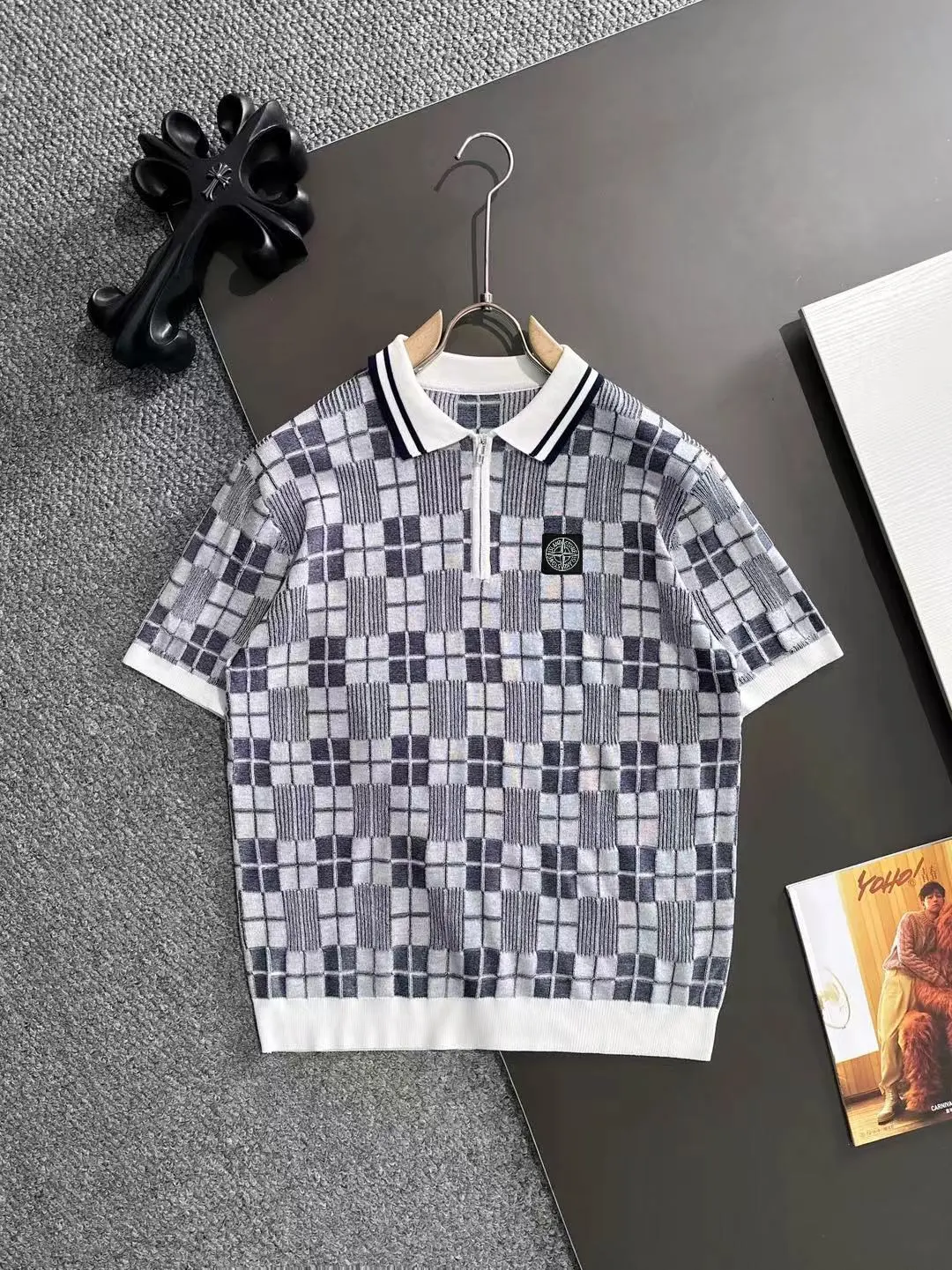 Checkered Jacquard Knit Half-Zip Polo Shirt D20015192