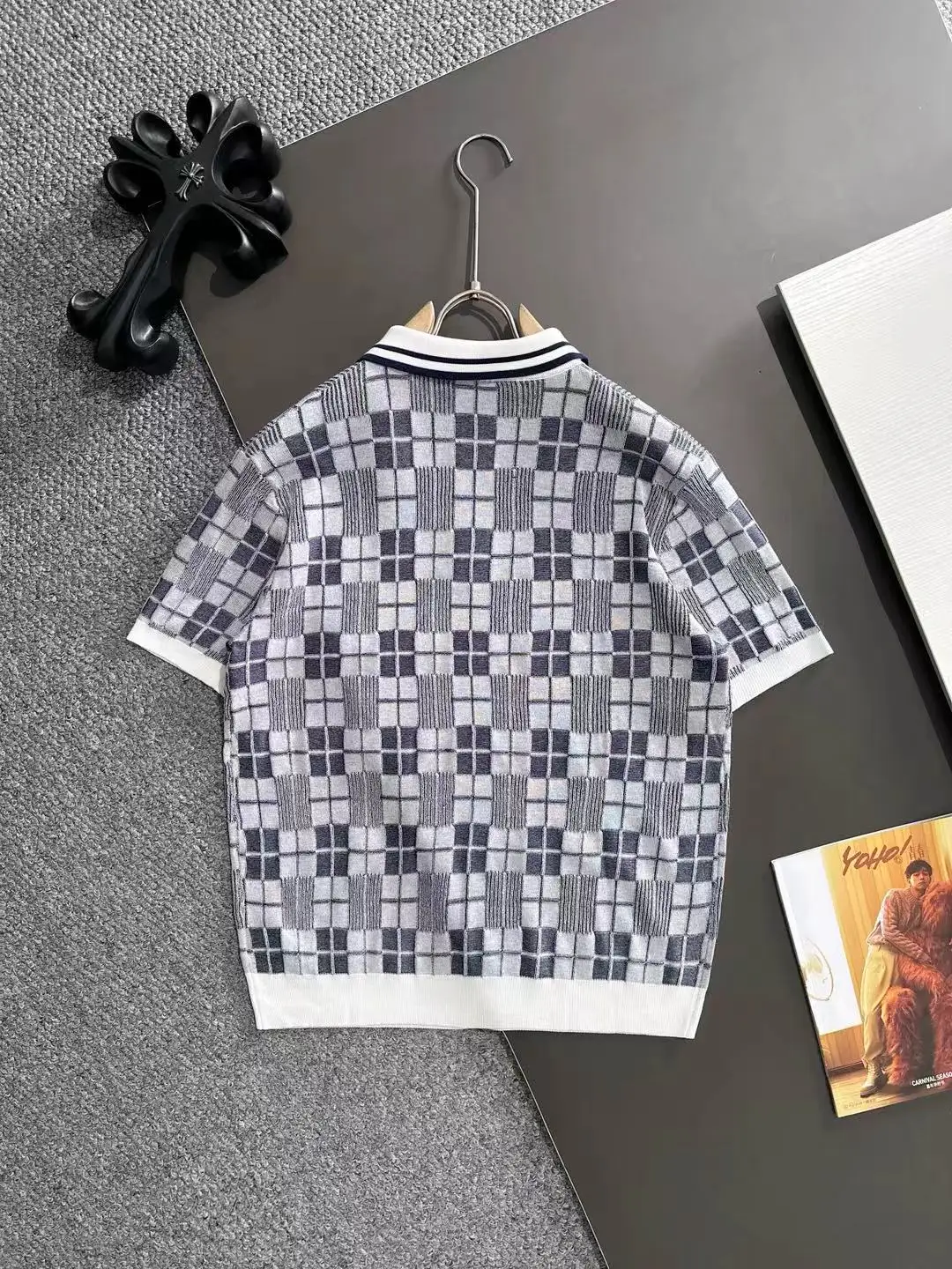 Checkered Jacquard Knit Half-Zip Polo Shirt D20015192 — view 9