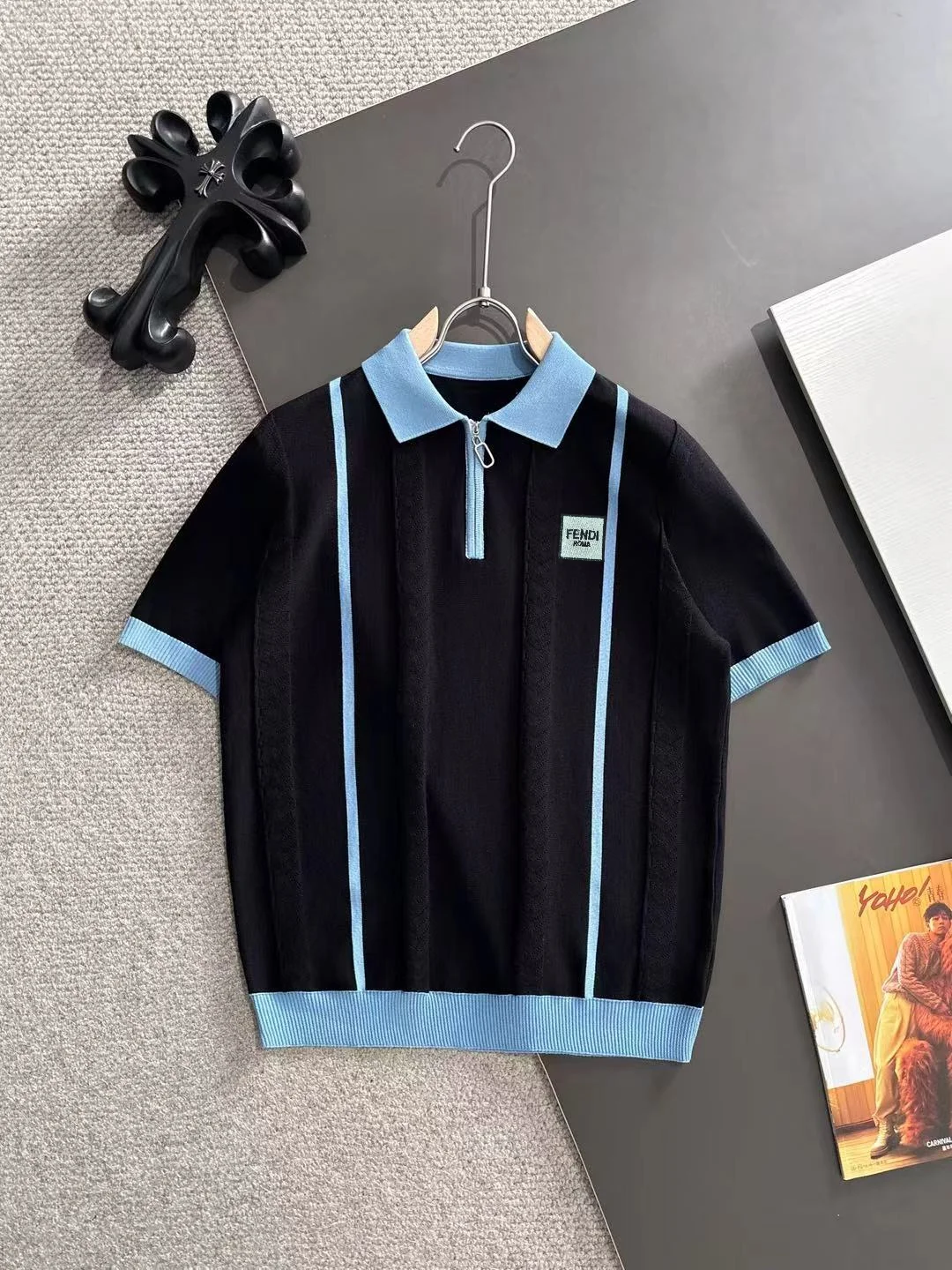 Contrast-Stripe Half-Zip Knit Polo Shirt D20015227