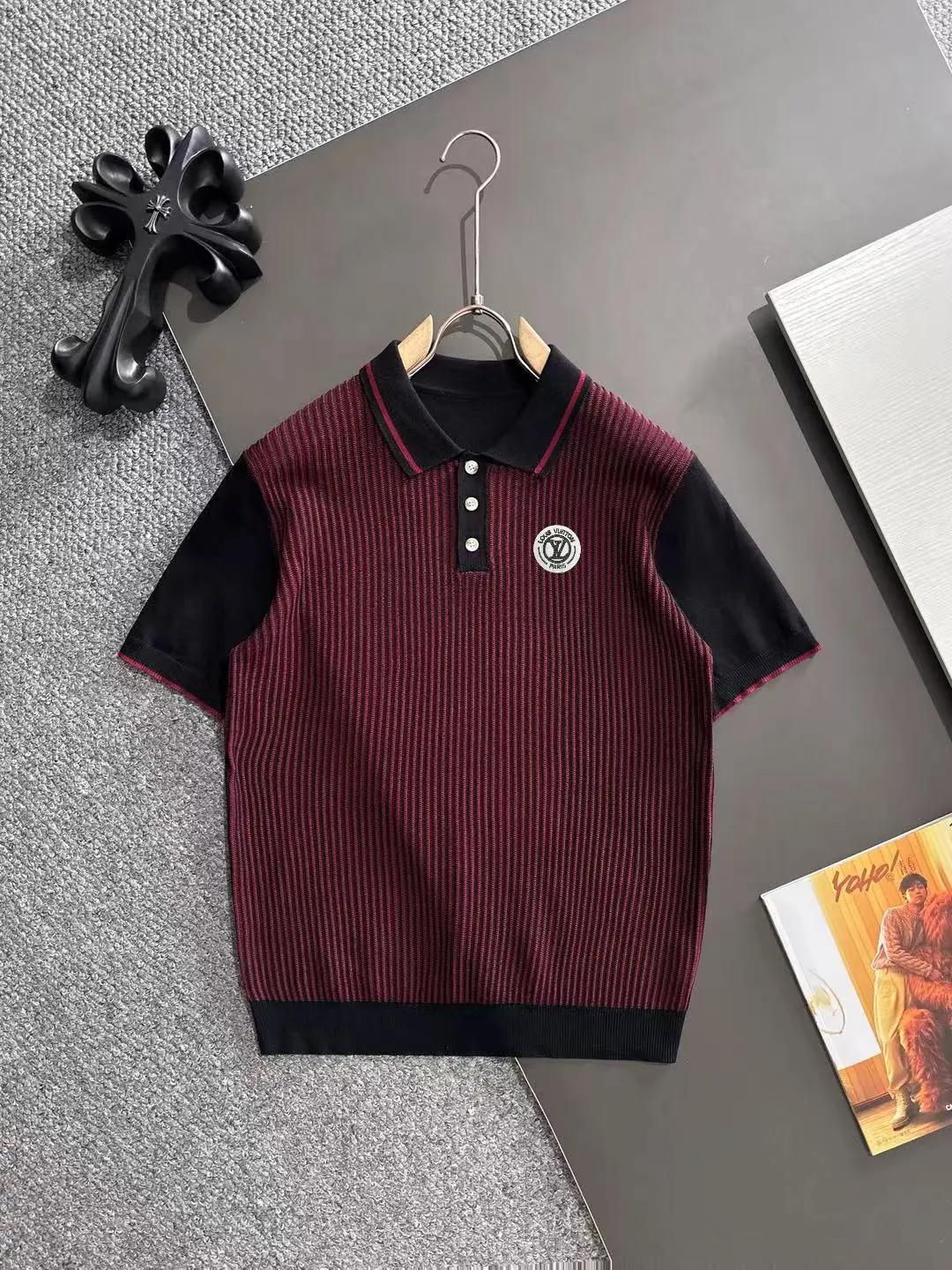 Contrast-Panel Ribbed Knit Polo Shirt D20015257