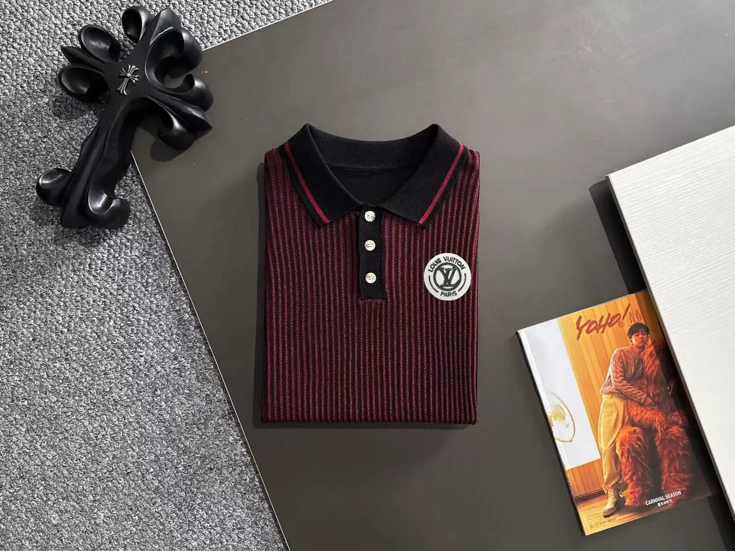 Contrast-Panel Ribbed Knit Polo Shirt D20015257 — view 8