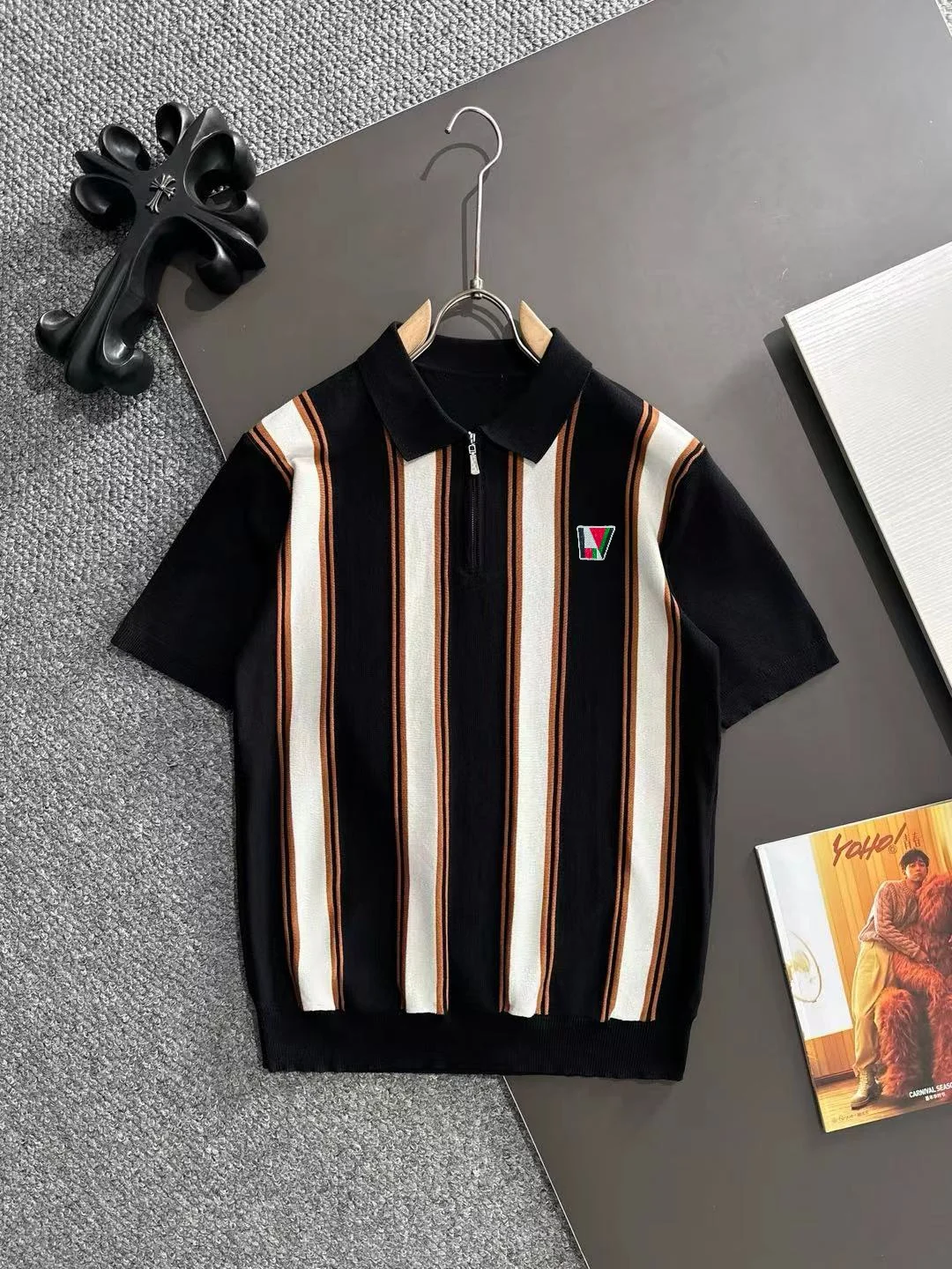 Striped Knit Half-Zip Polo Shirt D20015173