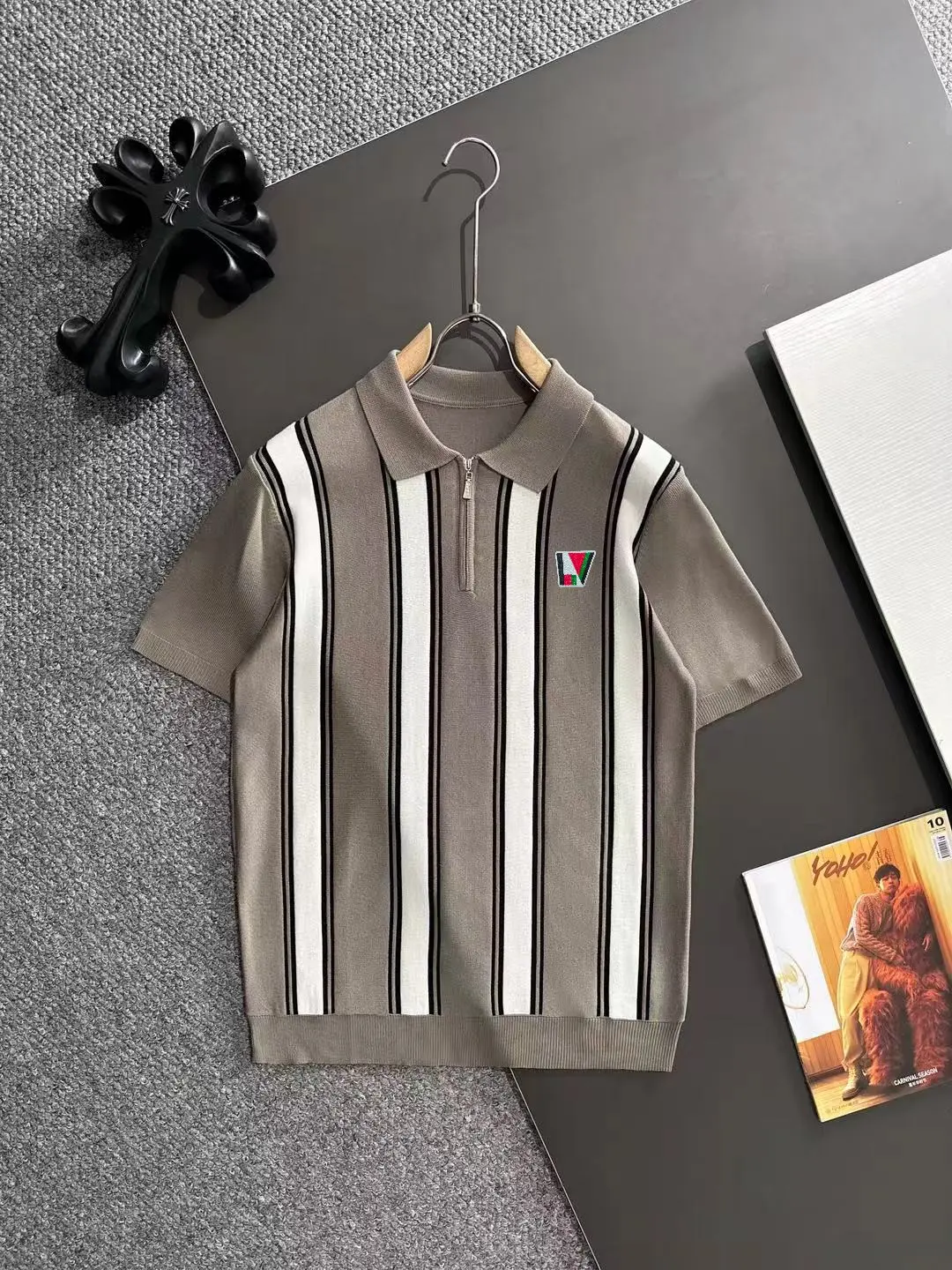 Striped Knit Half-Zip Polo Shirt D20015174