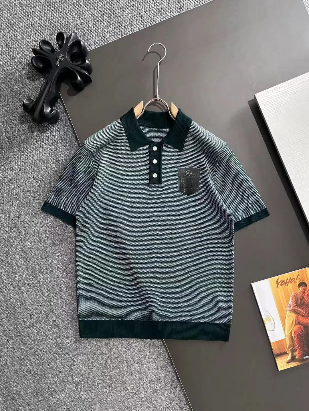Contrast-Collar Textured Knit Polo Shirt D21013597