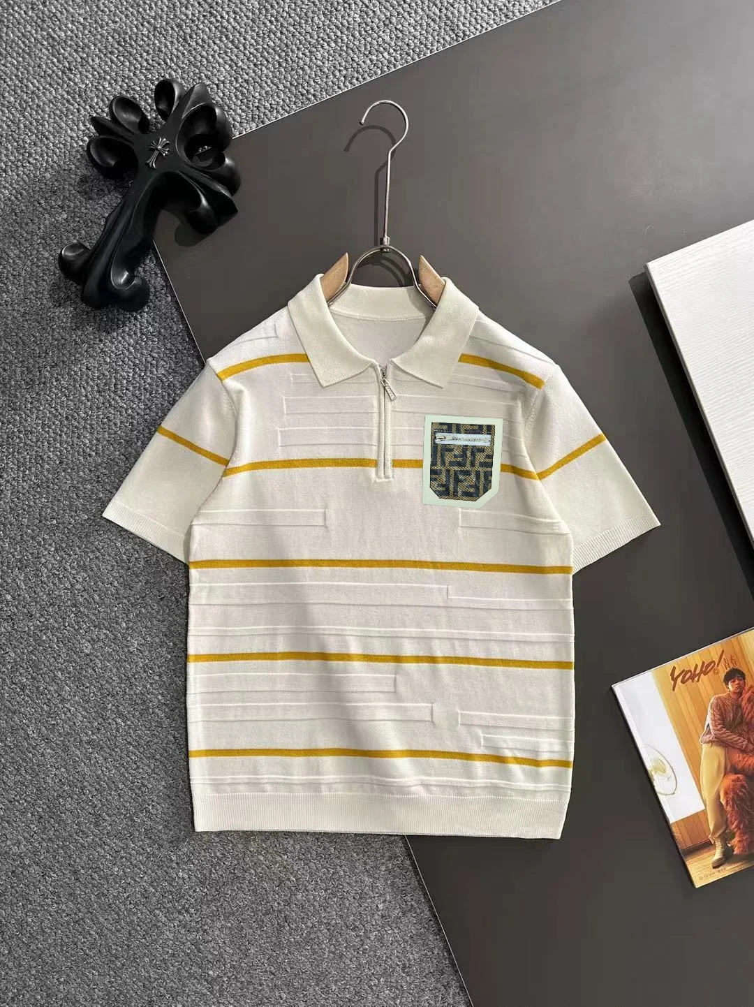 Striped Textured Knit Half-Zip Polo Shirt D21013590