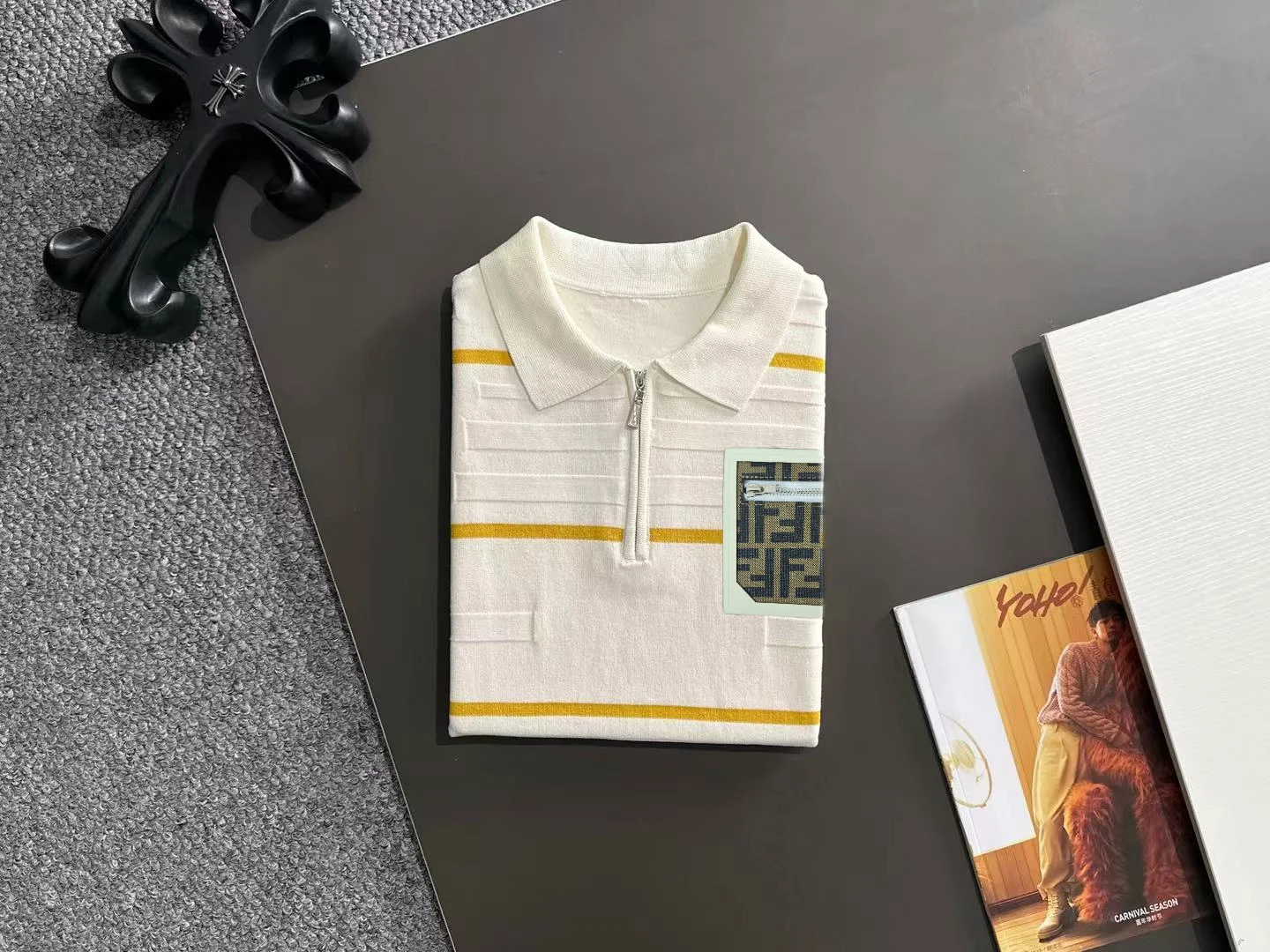 Striped Textured Knit Half-Zip Polo Shirt D21013590 — view 8
