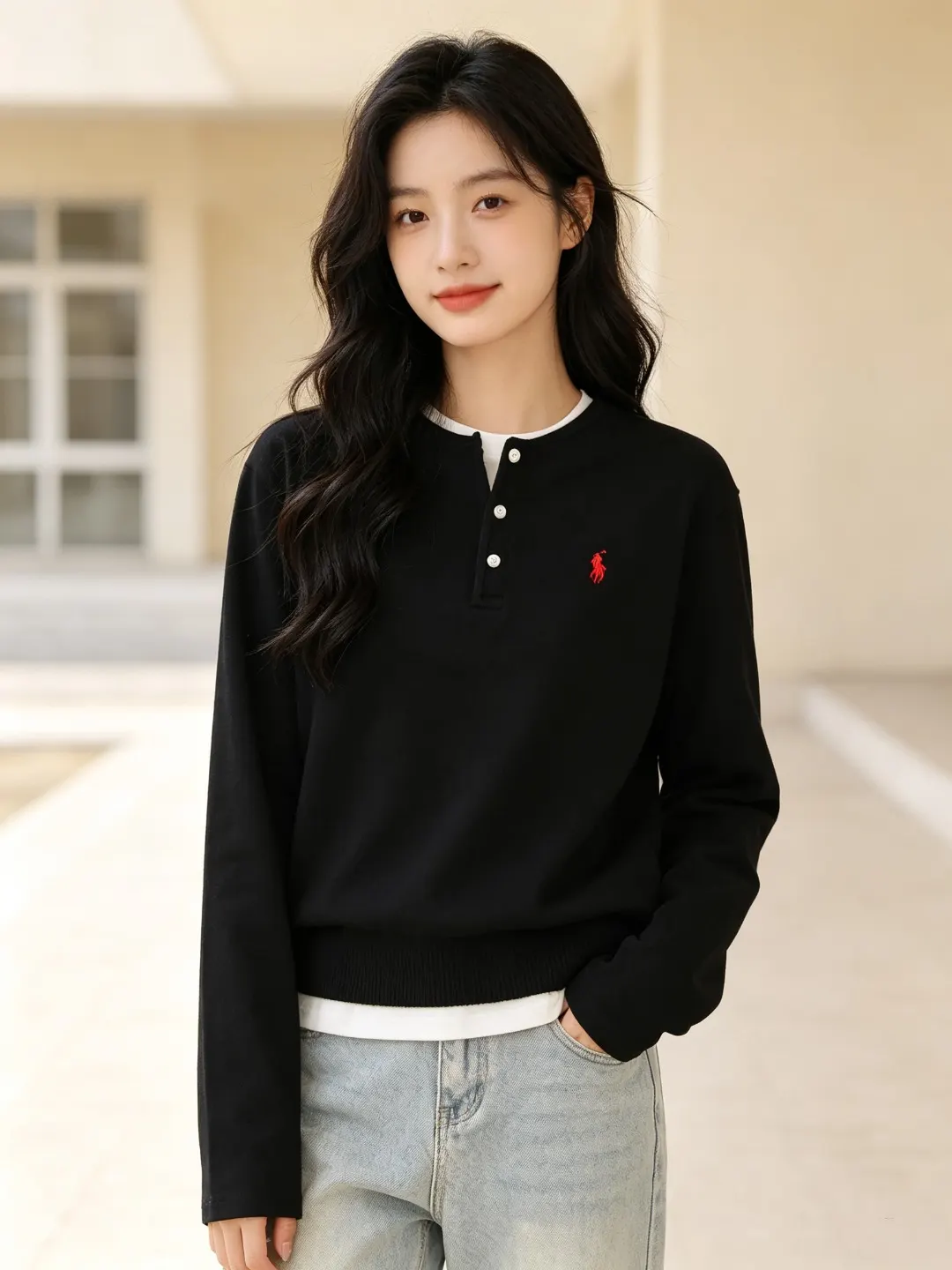 Long-Sleeved Cotton Henley Polo Shirt D17022722 — view 29