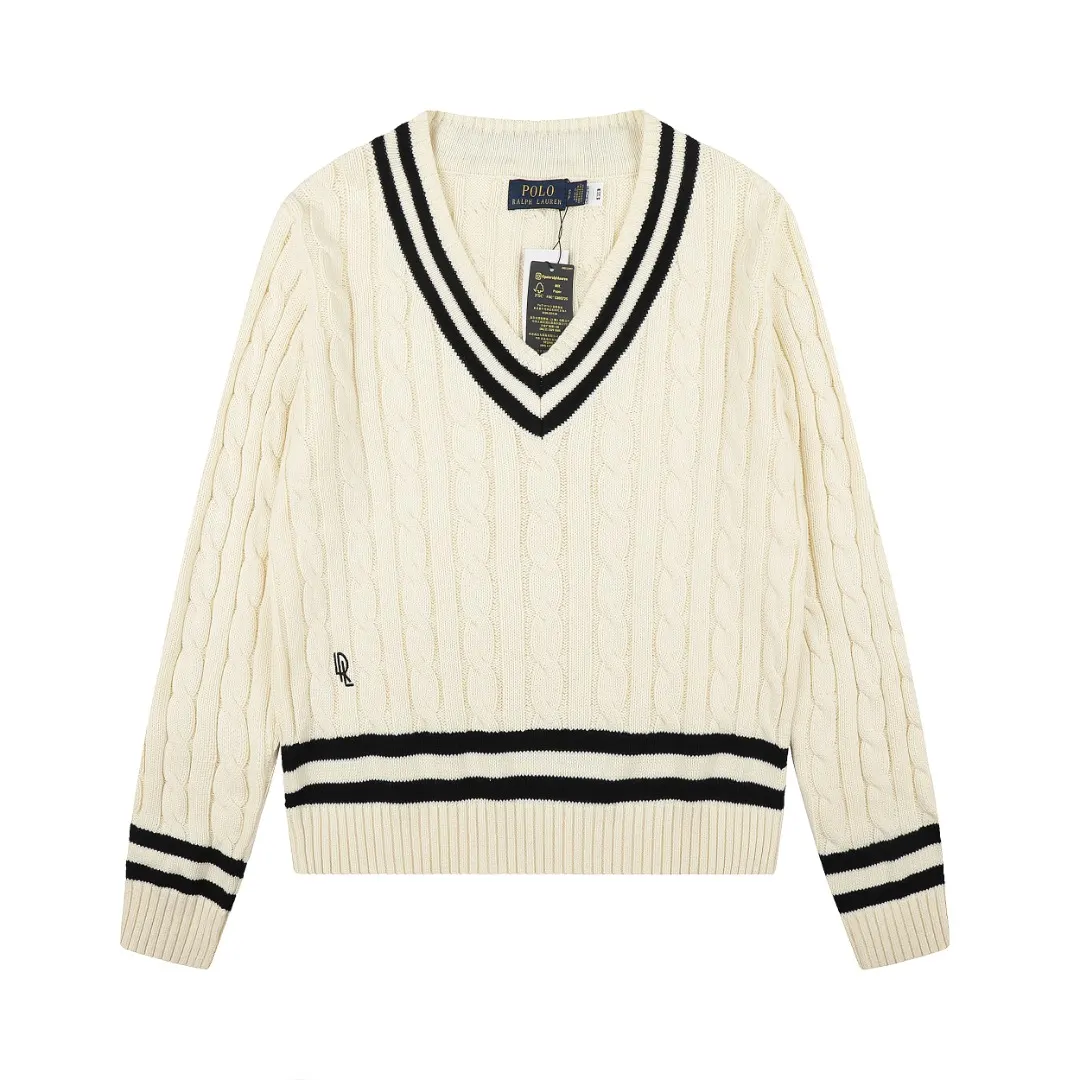Striped V-Neck Cable-Knit Sweater D17522953