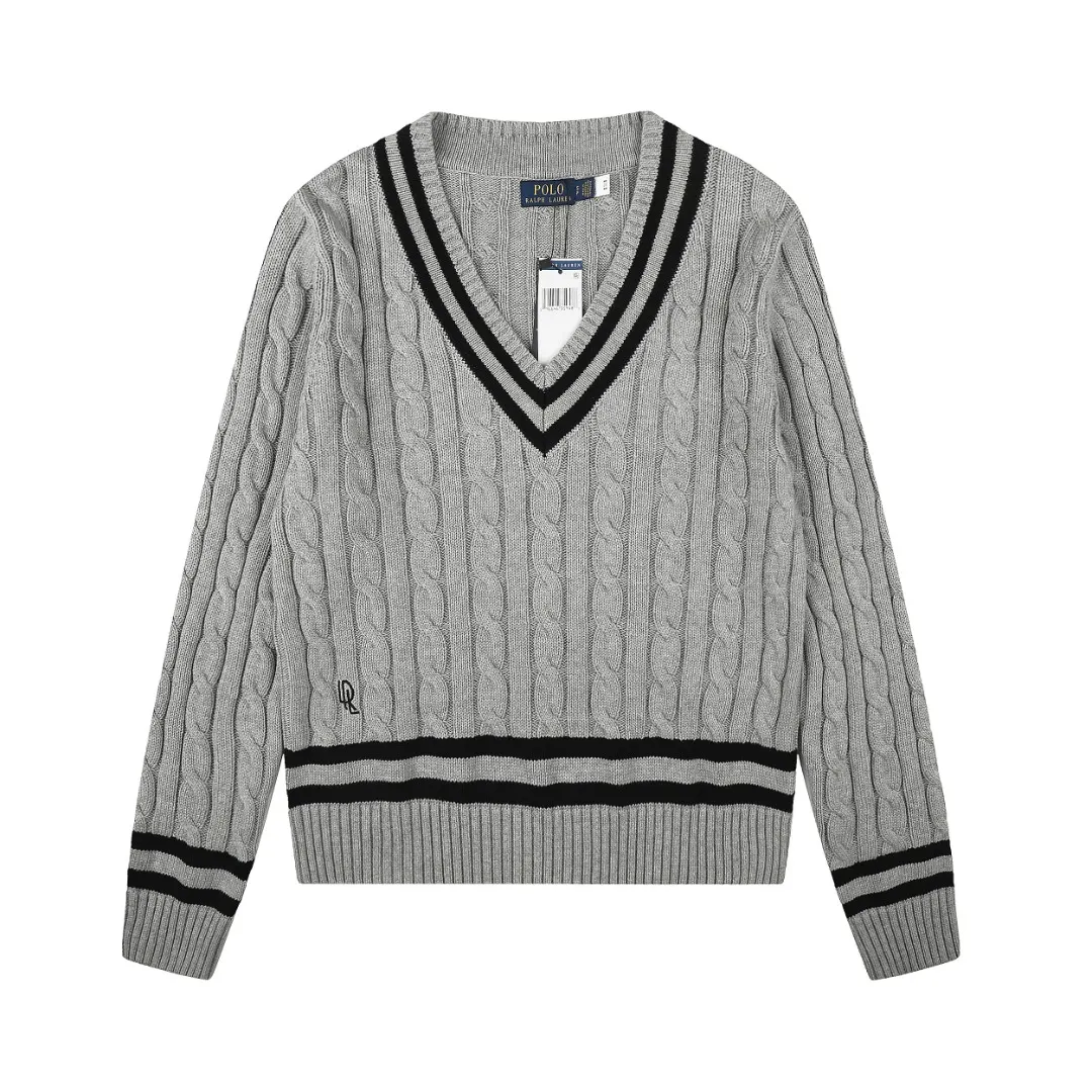 Striped V-Neck Cable-Knit Sweater D17522952