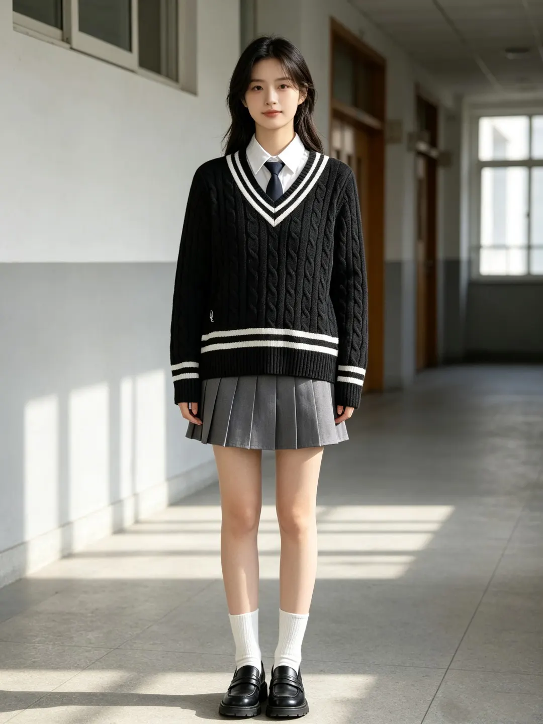 Striped V-Neck Cable-Knit Sweater D17522950