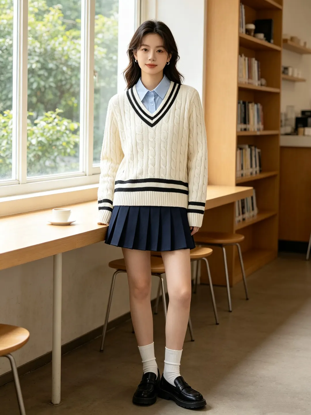 Striped V-Neck Cable-Knit Sweater D17522950 — view 2