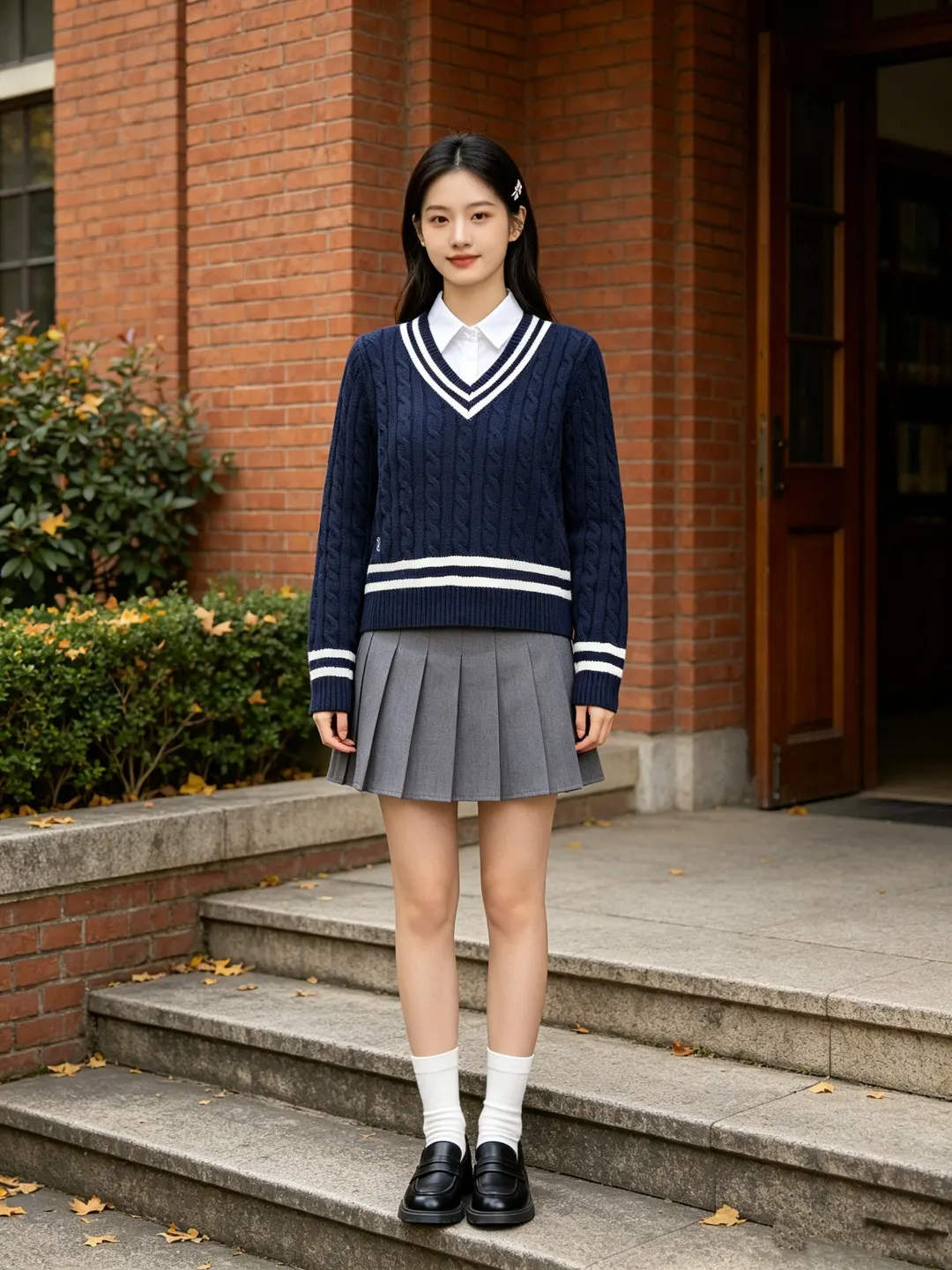 Striped V-Neck Cable-Knit Sweater D17522950 — view 4