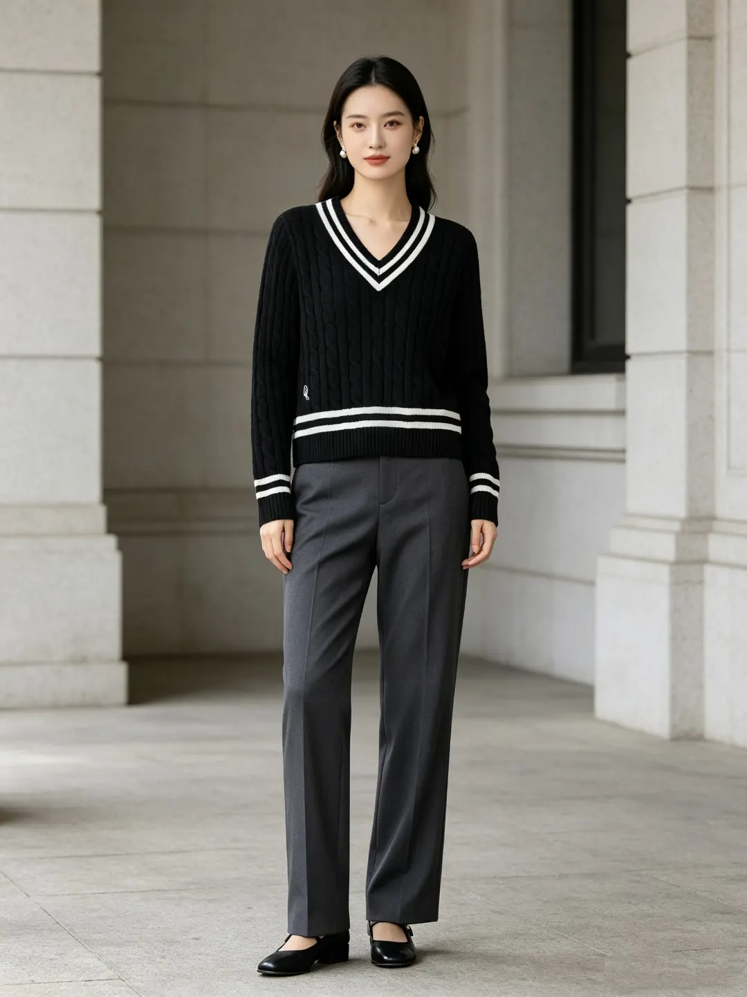 Striped V-Neck Cable-Knit Sweater D17522950 — view 5
