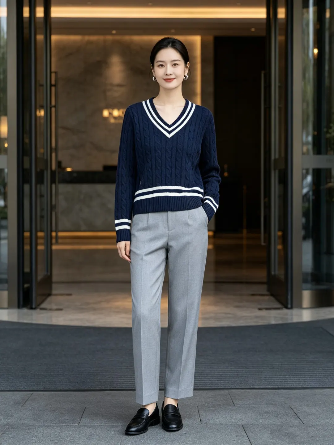 Striped V-Neck Cable-Knit Sweater D17522950 — view 6