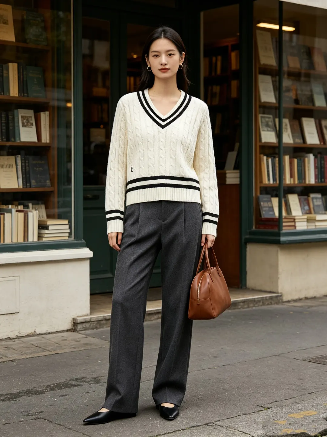 Striped V-Neck Cable-Knit Sweater D17522950 — view 8