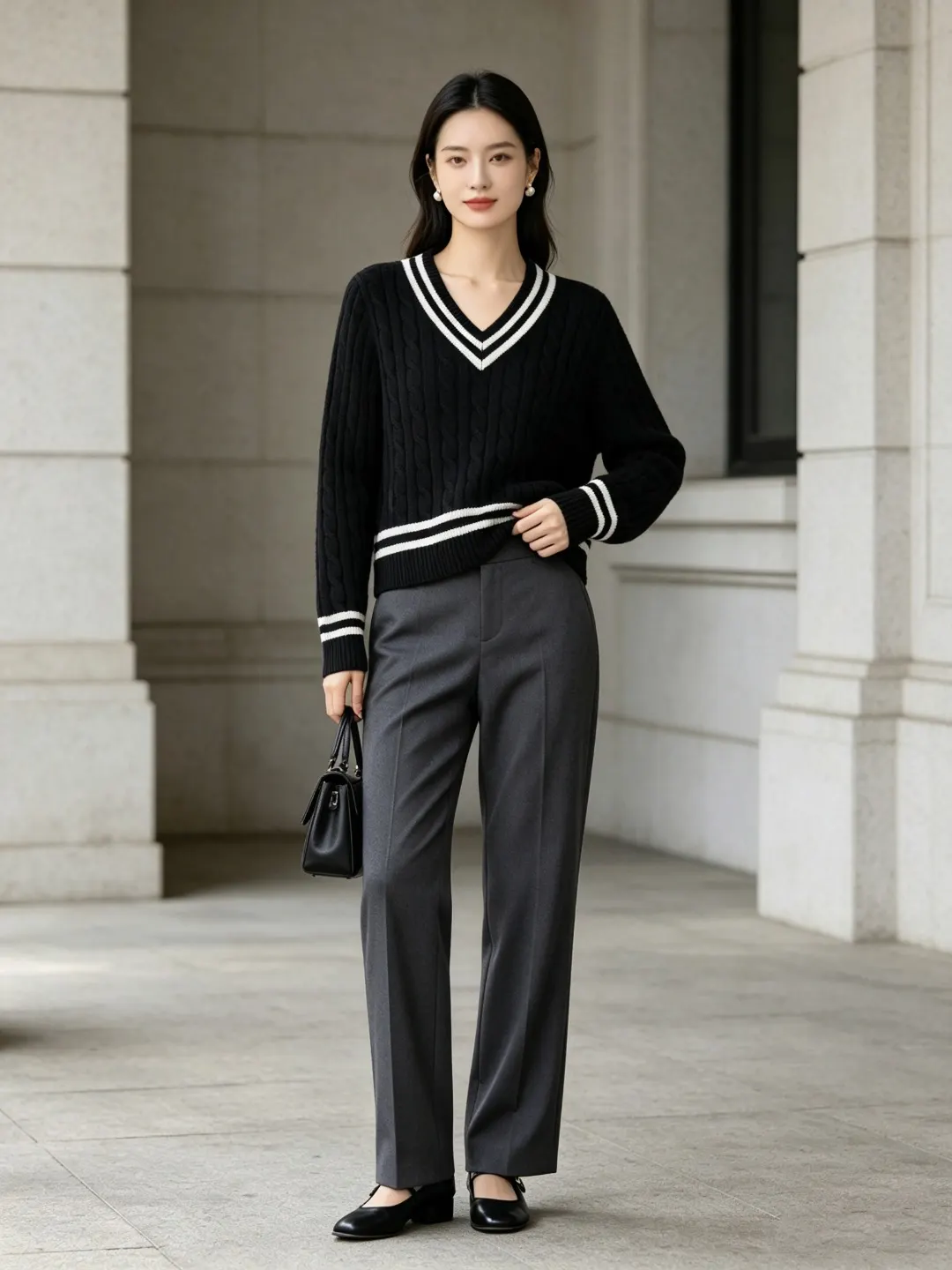 Striped V-Neck Cable-Knit Sweater D17522950 — view 9