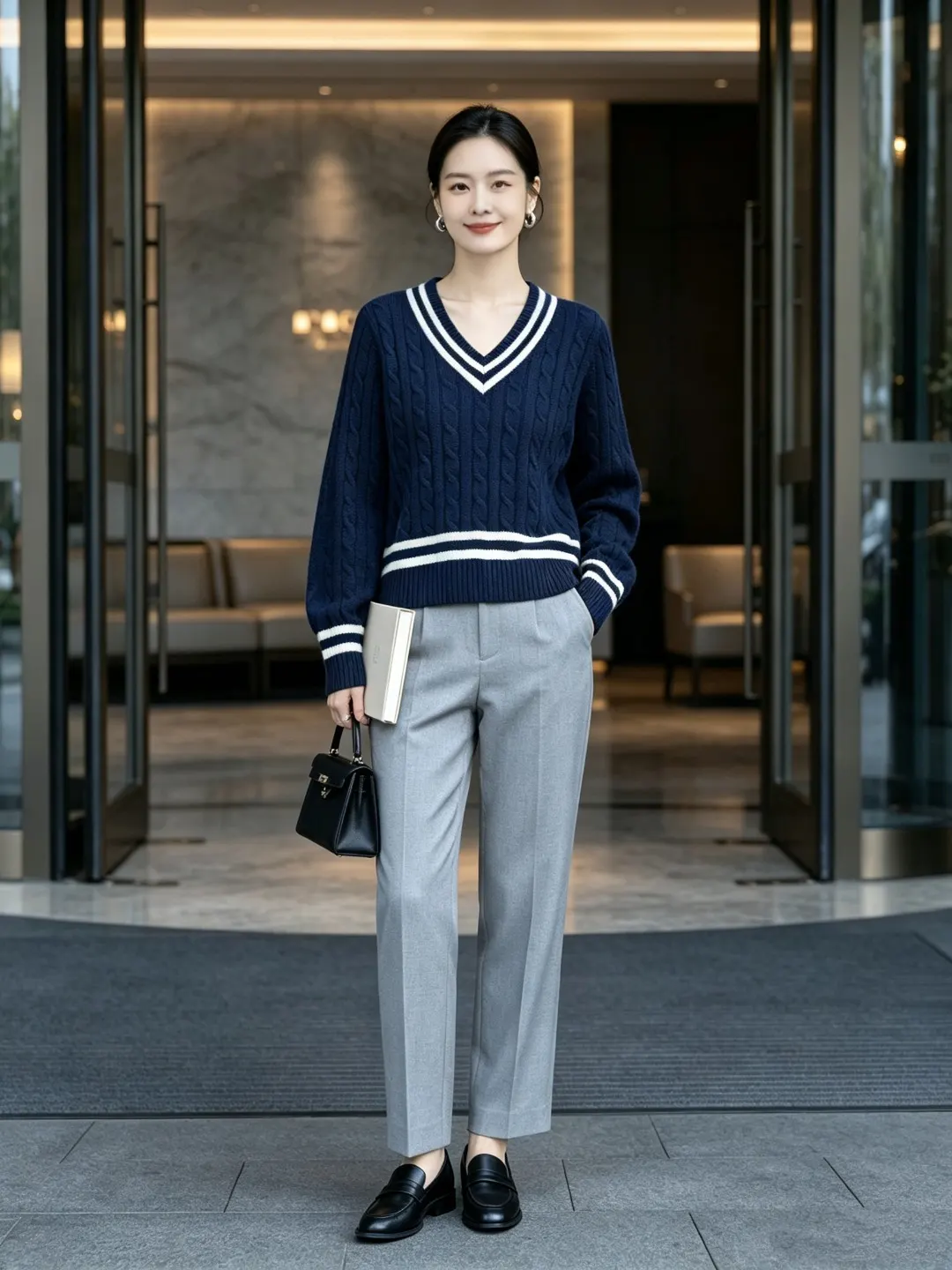 Striped V-Neck Cable-Knit Sweater D17522950 — view 10