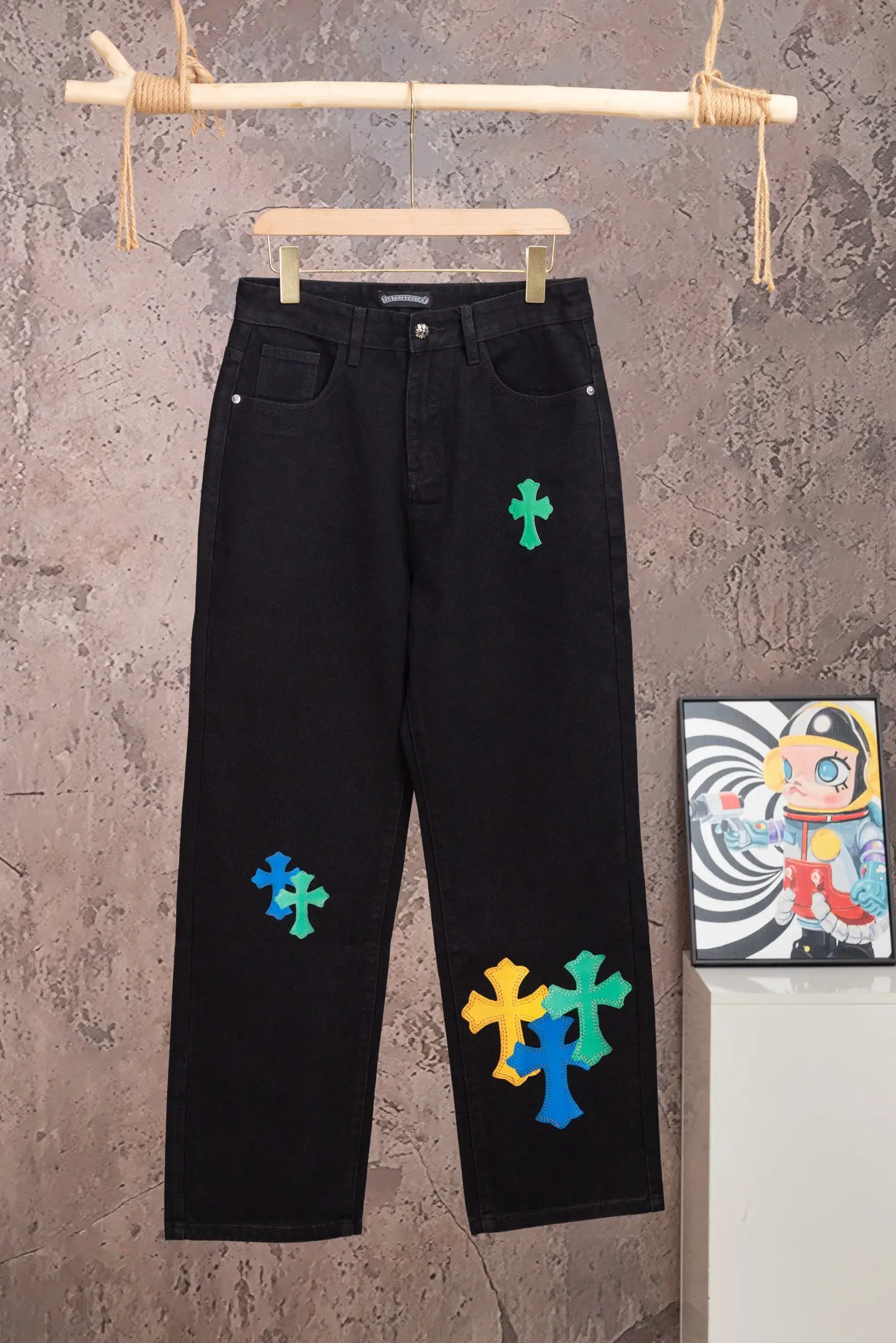 Chrome Hearts Multi-Color Cross Patch Straight-Leg Jeans D18021074