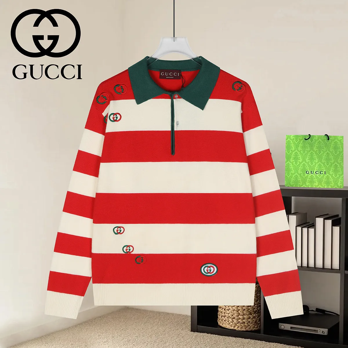 Striped Knit Polo Sweater with Interlocking G Embroidery D18521093