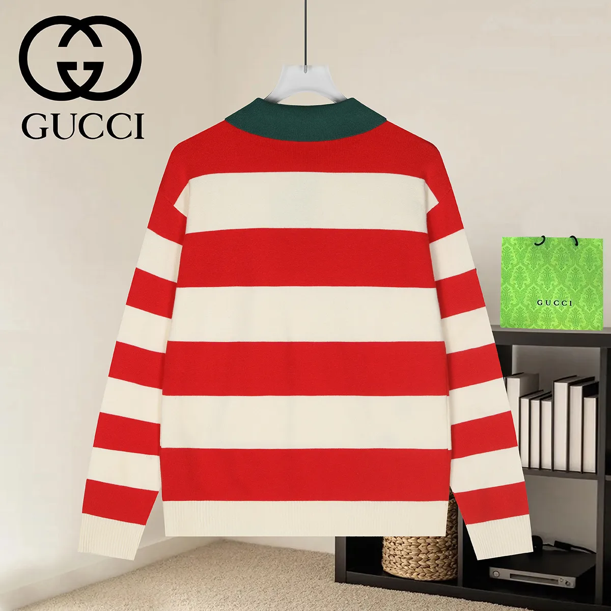 Striped Knit Polo Sweater with Interlocking G Embroidery D18521093 — view 2