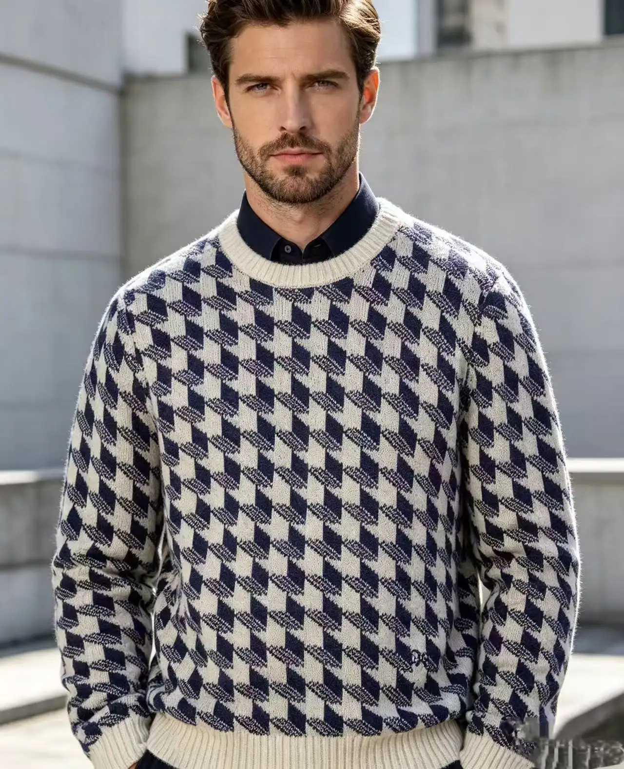 Houndstooth Jacquard Wool Crew-Neck Sweater D21021099 — view 3