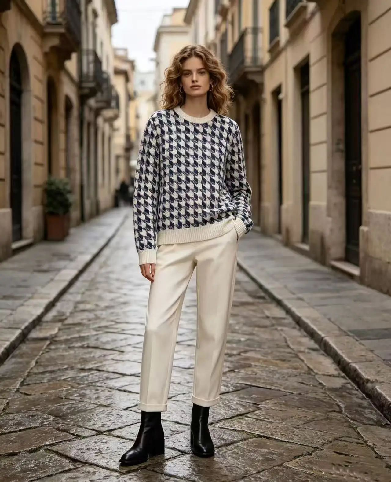 Houndstooth Jacquard Wool Crew-Neck Sweater D21021099 — view 4