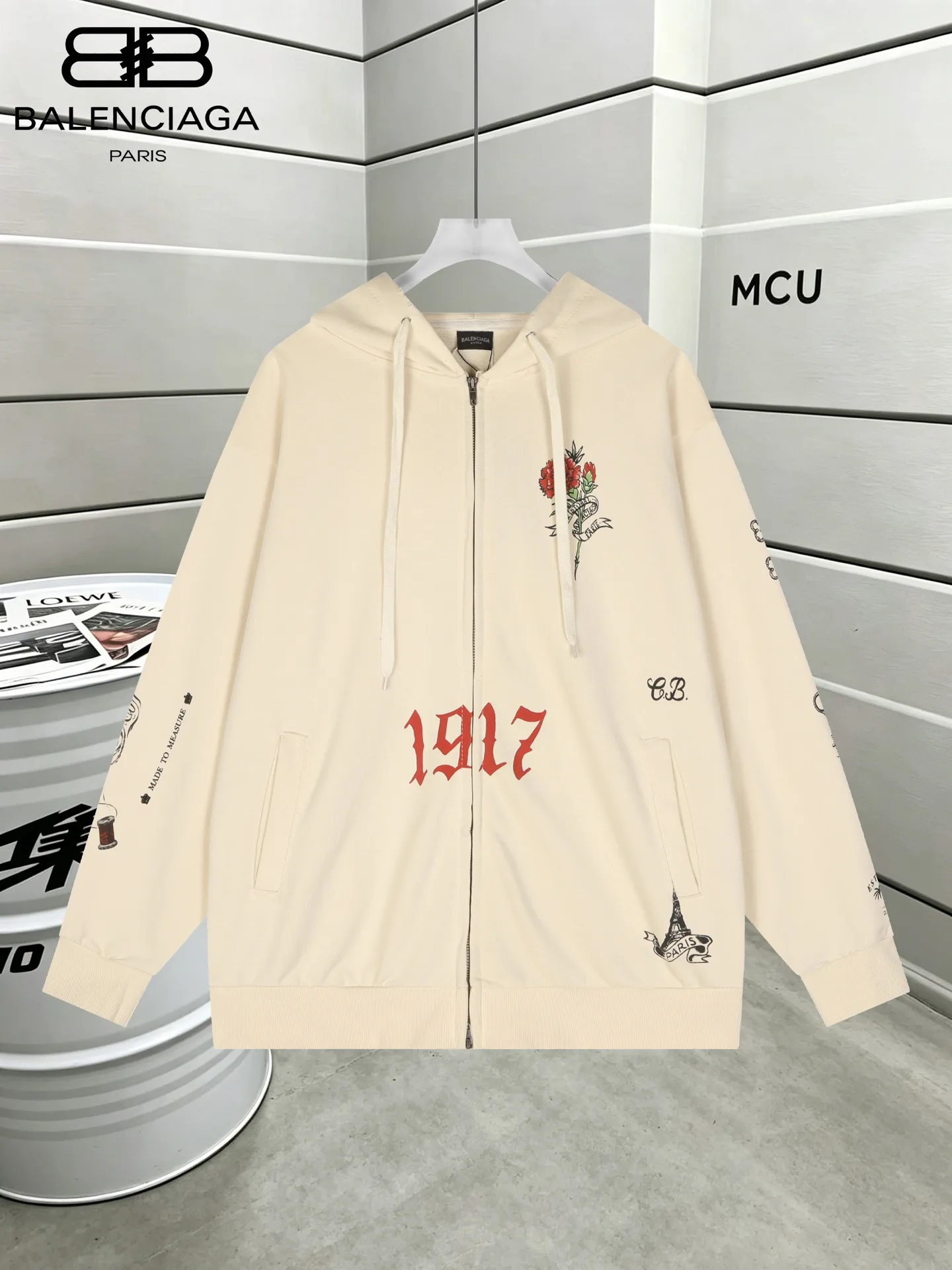 Tattoo Print Oversized Zip-Up Hoodie D22521105