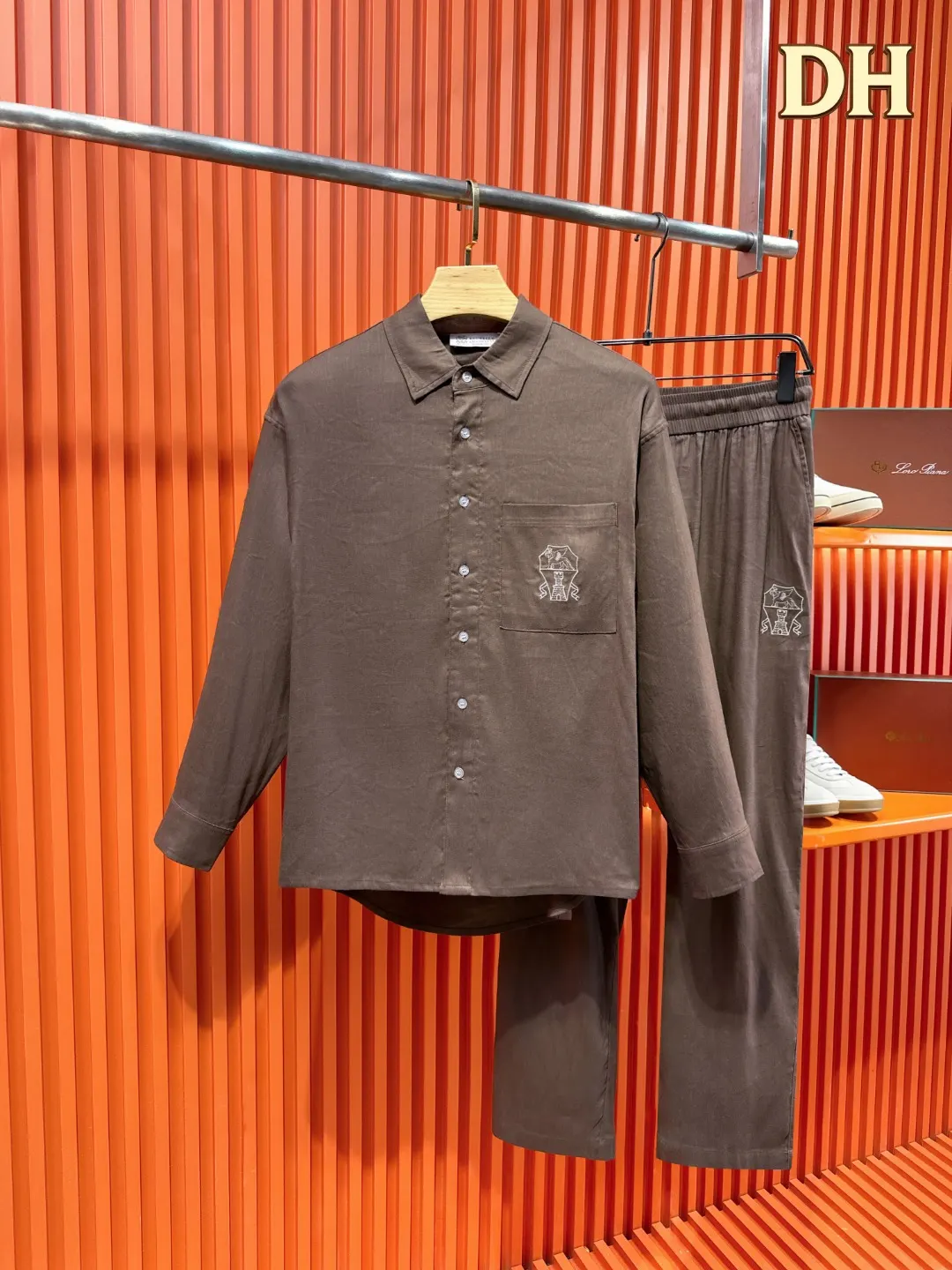 Embroidered Tencel-Linen Shirt and Trousers Set D41021018