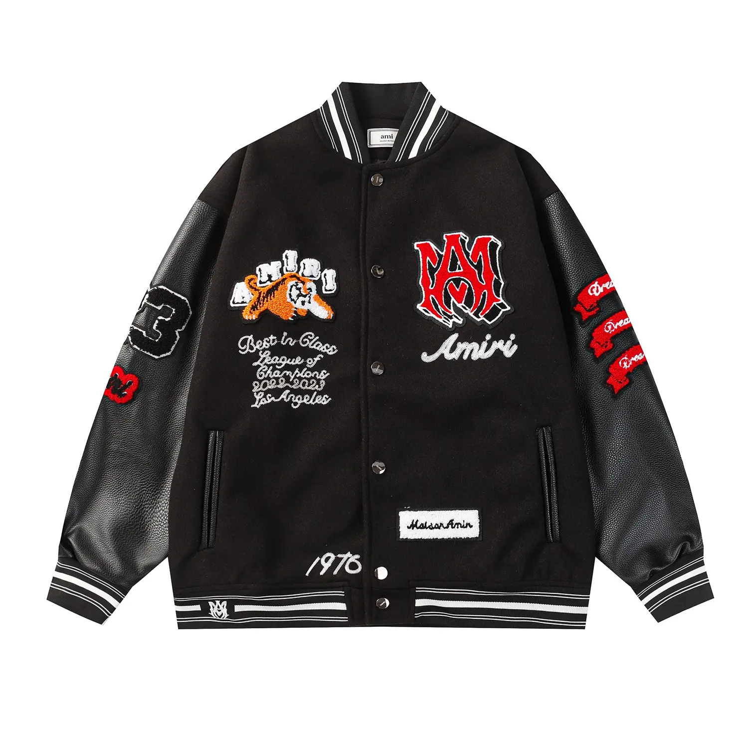 Tiger Embroidered Leather-Sleeved Varsity Jacket D24523475