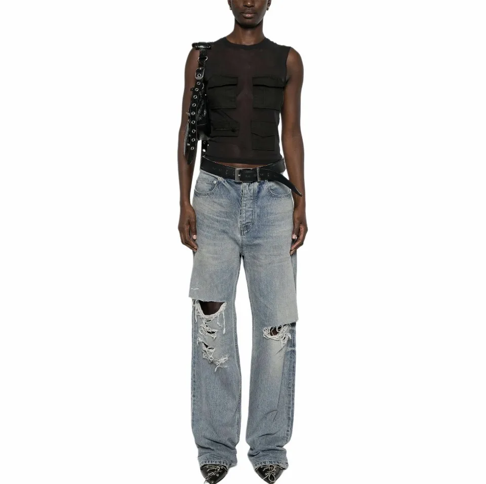Distressed Straight-Leg Jeans with Integrated Belt D27019914 — view 2