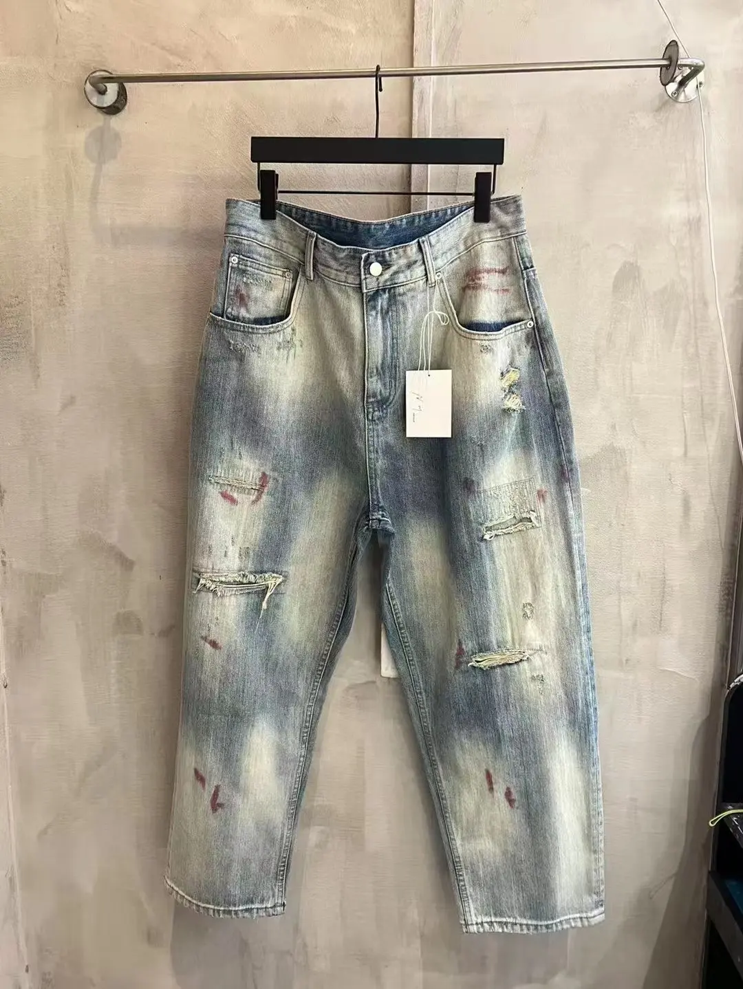 ANCELLM Distressed Patchwork Tapered Jeans D19521876