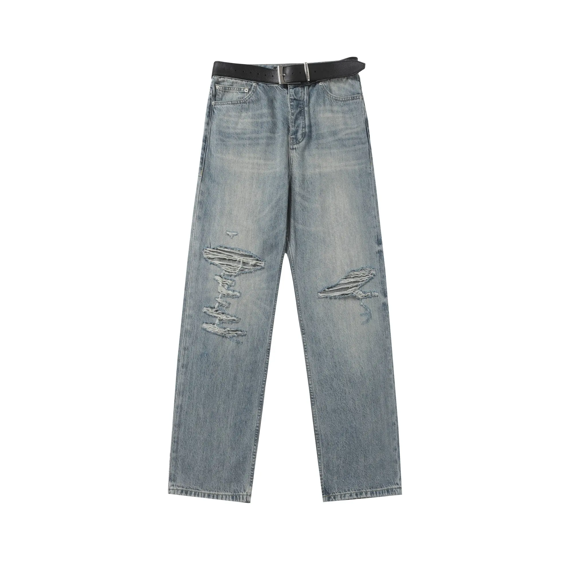 Distressed Straight-Leg Jeans with Integrated Leather Belt D27020014 — view 10