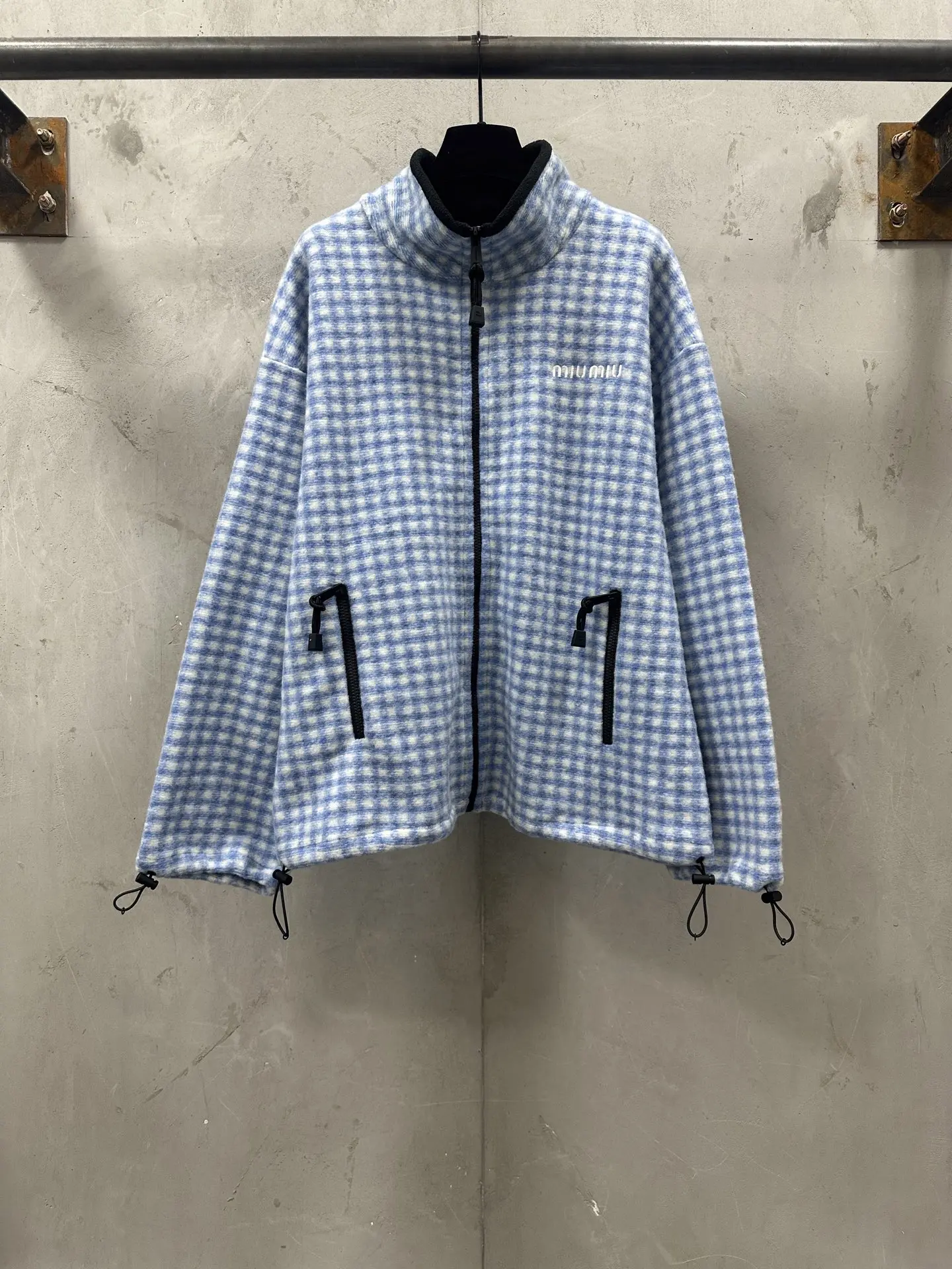 Embroidered Gingham Fleece Zip-Up Jacket D37023567