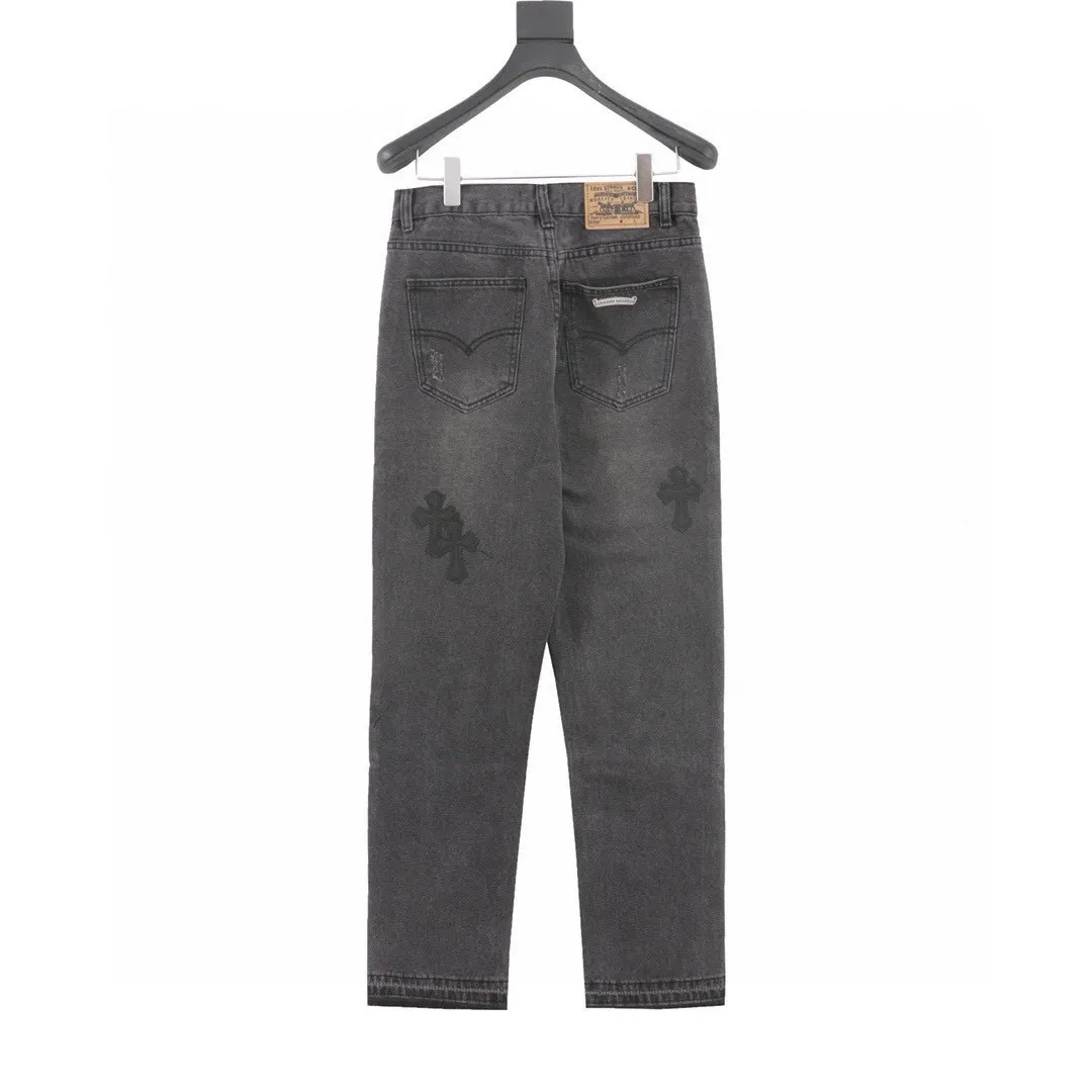 Cross Patch Leather-Trimmed Straight-Leg Jeans D15519755 — view 2