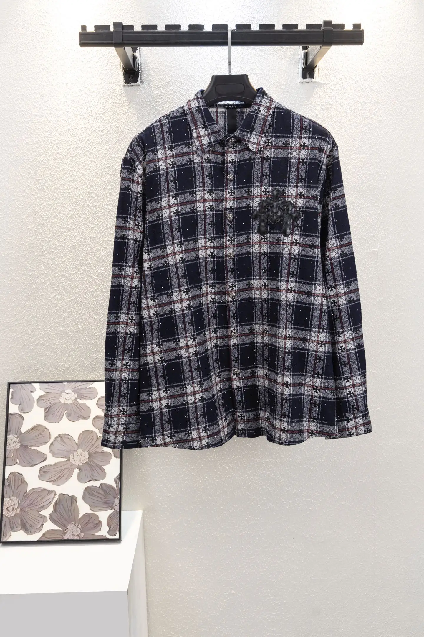 Leather Cross Patch Plaid Flannel Shirt D17012651